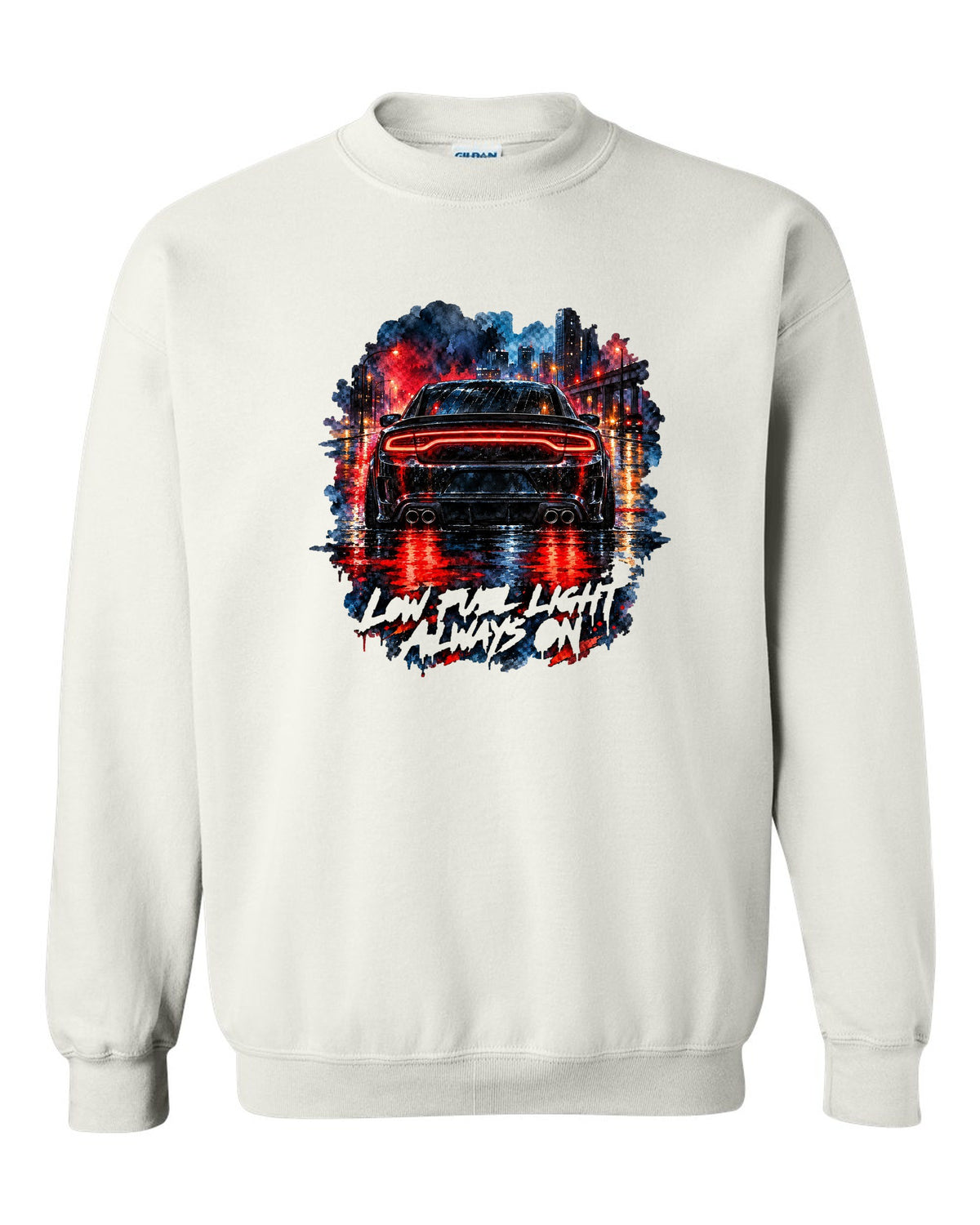 Watercolour wet-road night scene of the taillights of a 2015 Dodge Charger Scat Pack white crewneck front view with the design