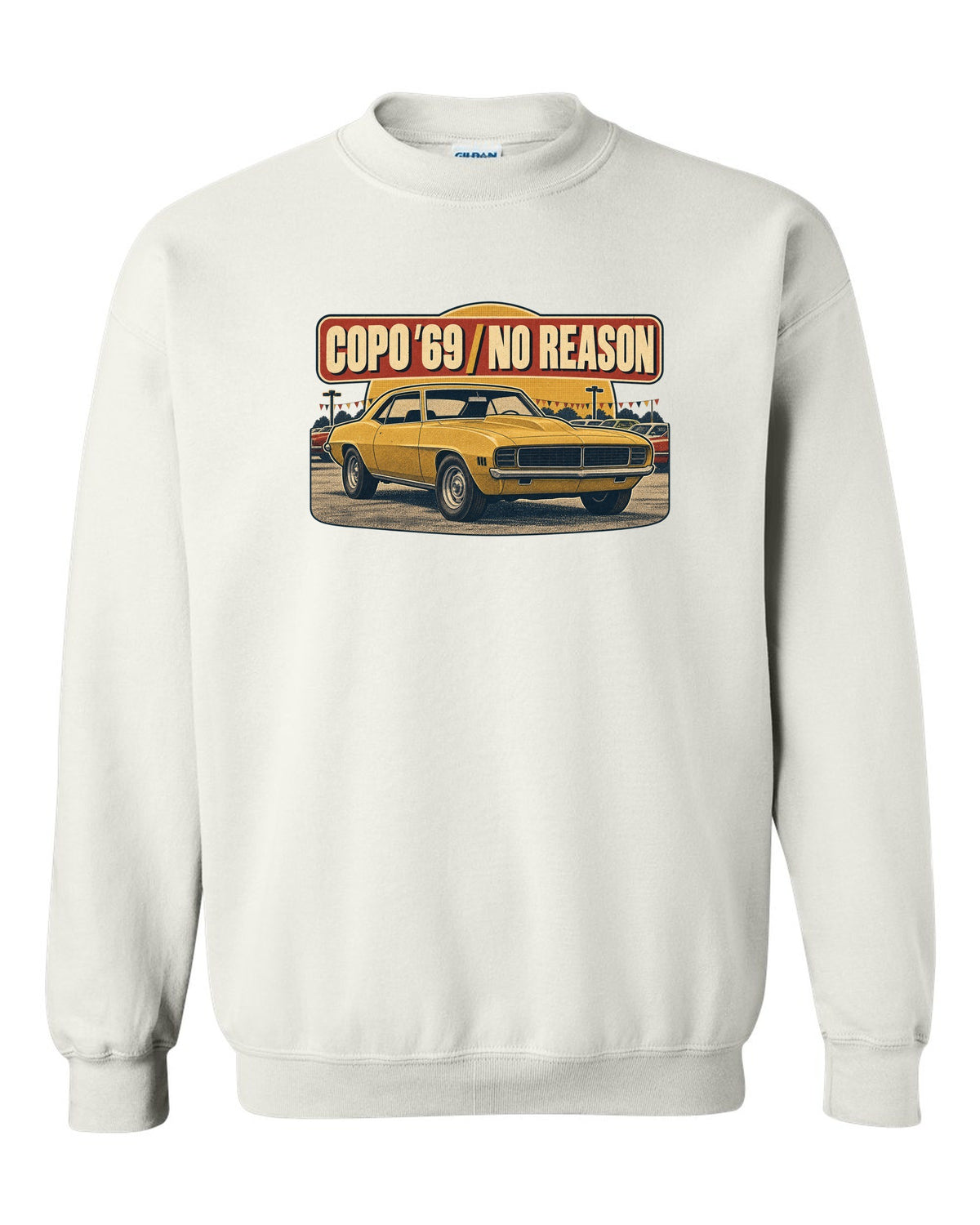1970s catalogue ad layout with halftone shading of a 1969 Chevrolet Camaro COPO-style coupe white crewneck front view with the design