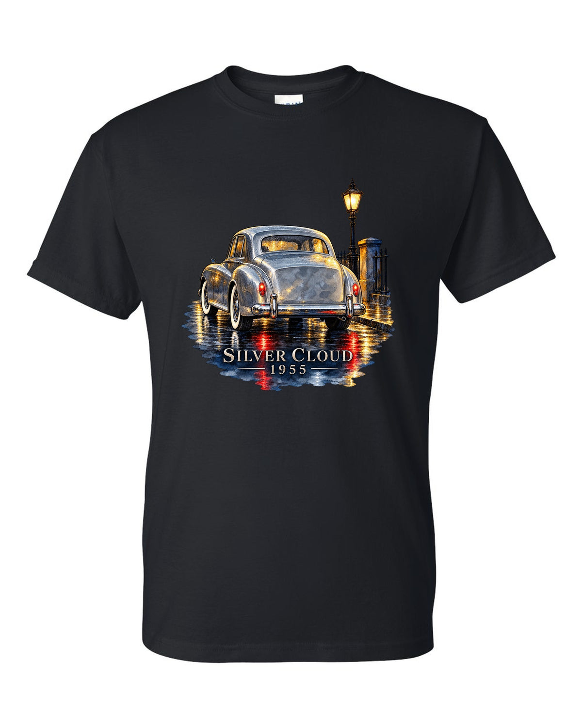 Watercolour painting of a 1955 Rolls-Royce Silver Cloud on a rainy night road with SILVER CLOUD lettering black t-shirt front view with the design