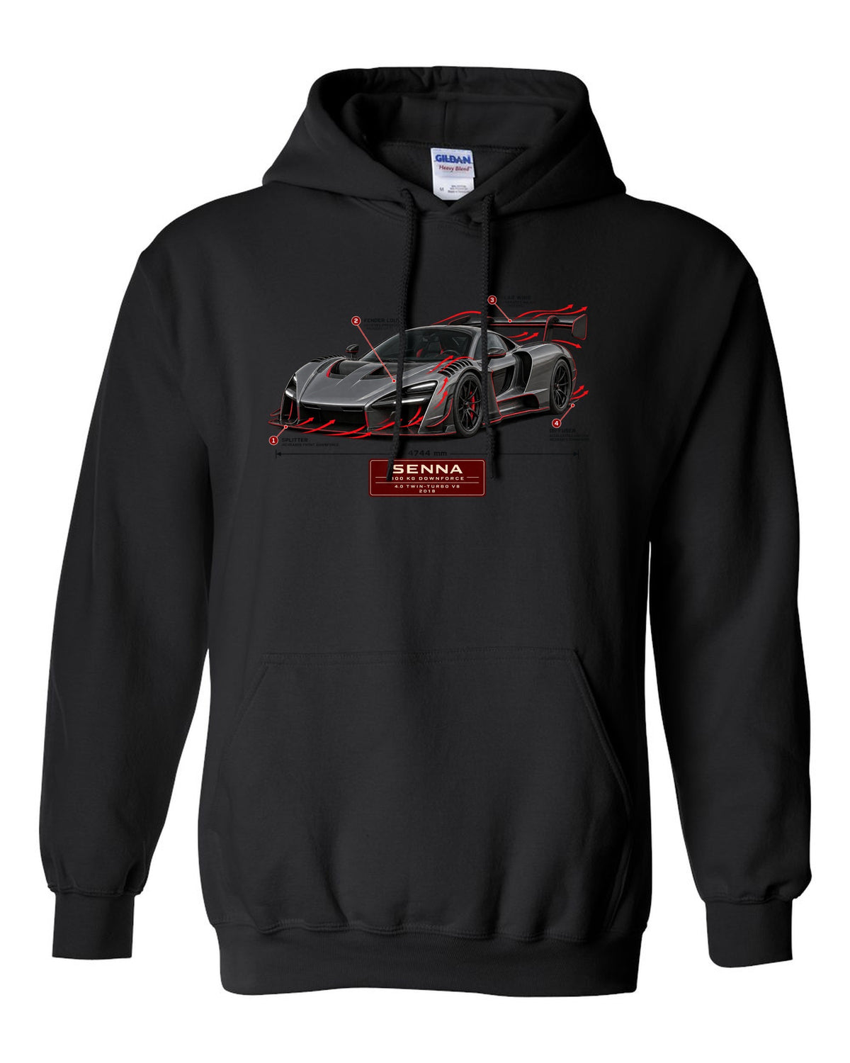 Aero callout print of a McLaren Senna showing 800 kg downforce black pull over hoodie front view with the design