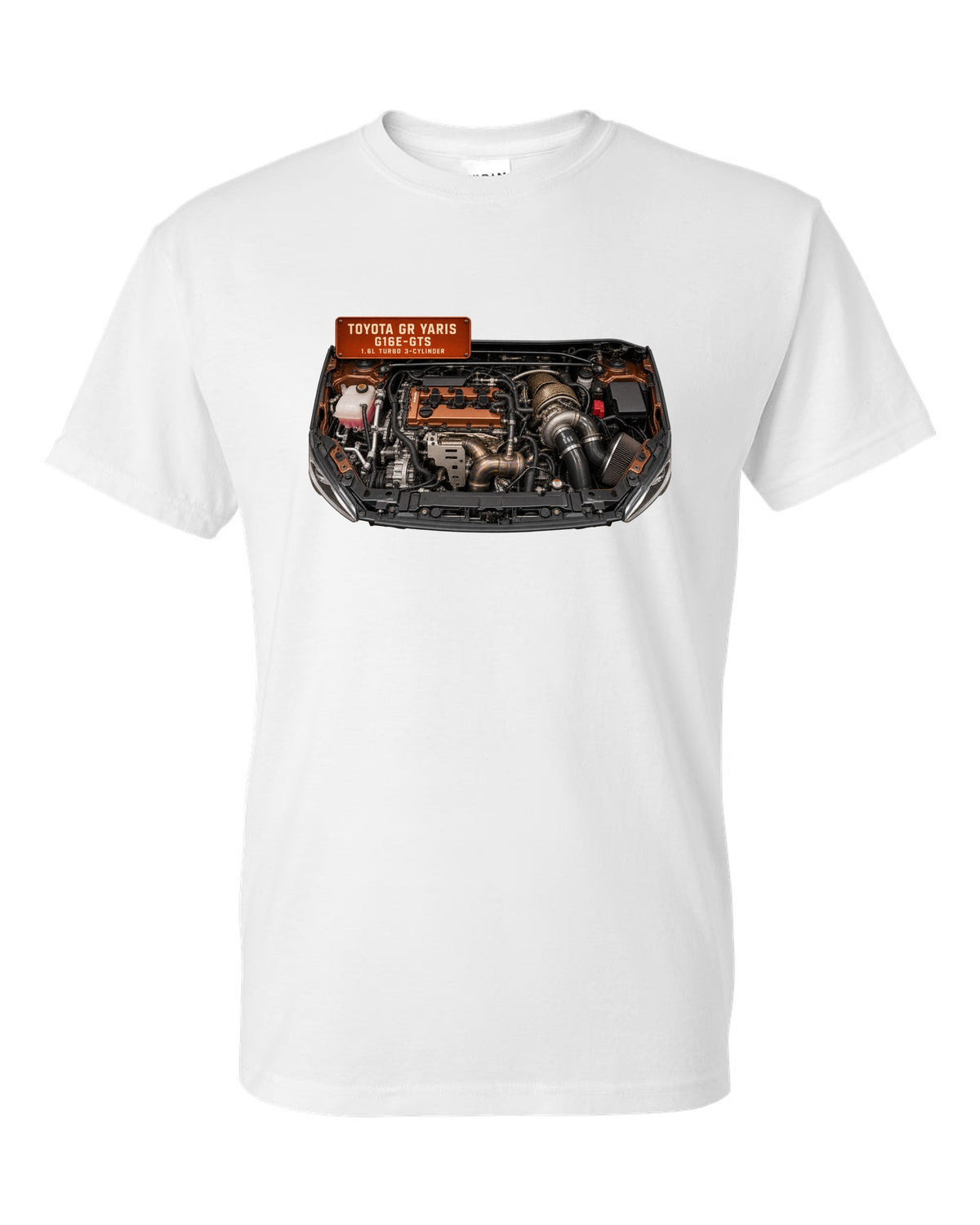 Toyota GR Yaris G16E-GTS three-cylinder turbo engine bay illustration white t-shirt front view with the design