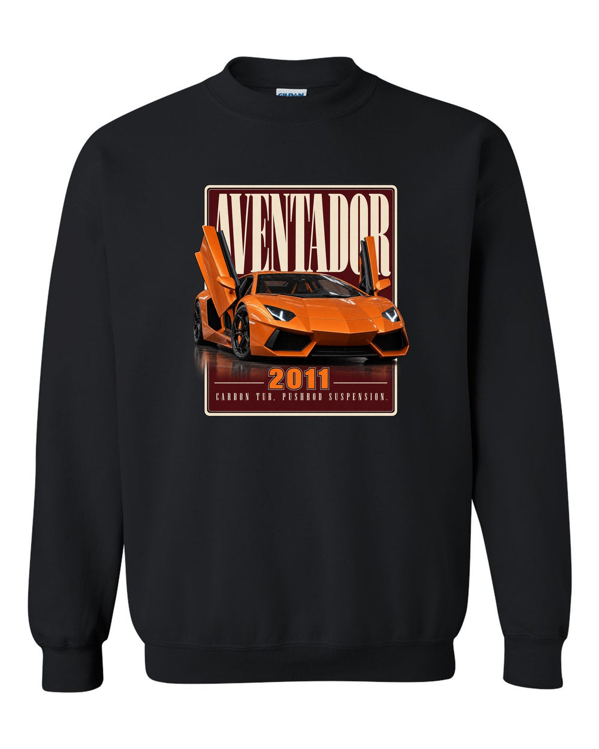 Editorial headline print of the Lamborghini Aventador LP700-4 black crewneck front view with the design