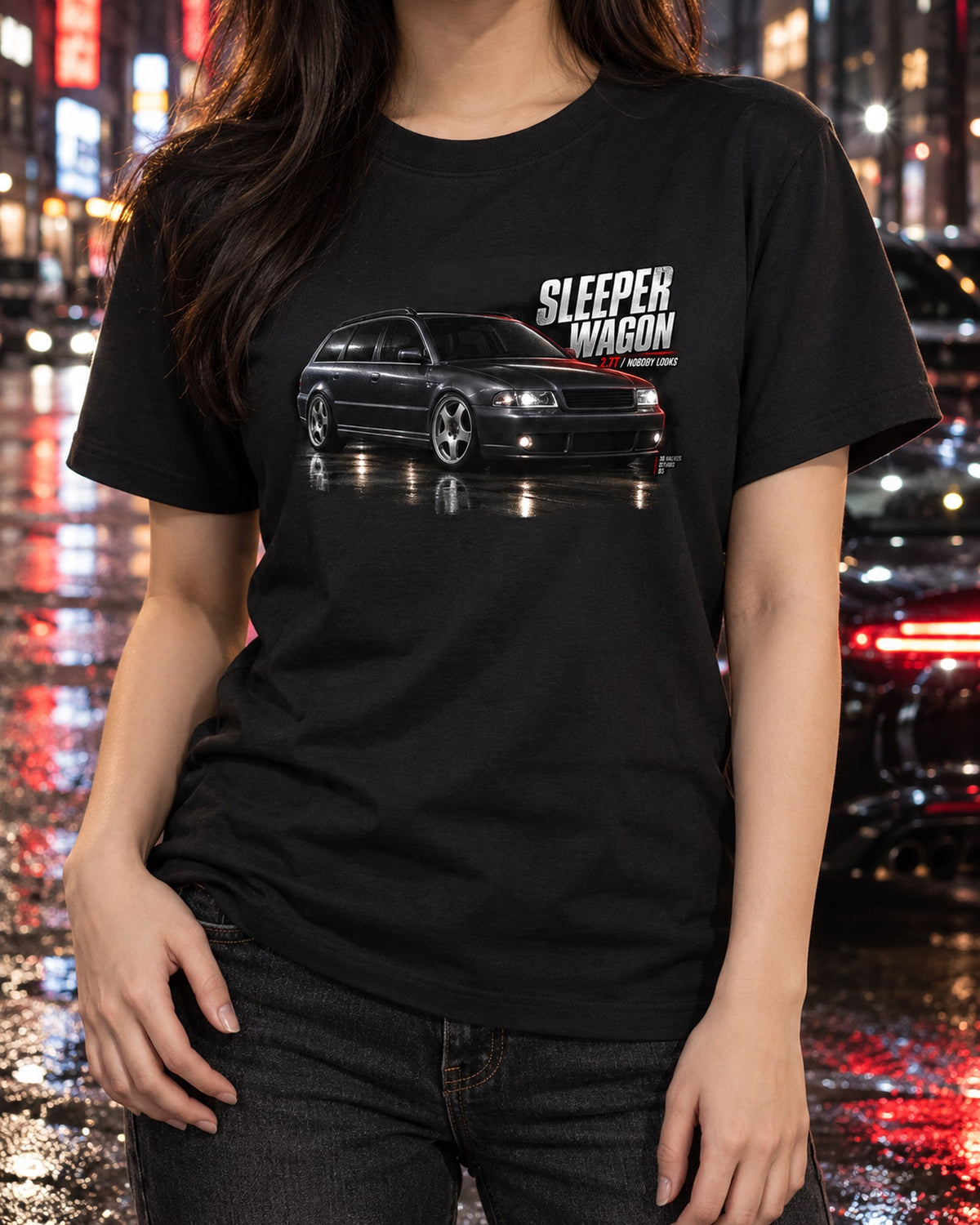 Audi S4 B5 Avant Sleeper Wagon Garage Night Tee, Car Guy T-Shirt Black worn hero