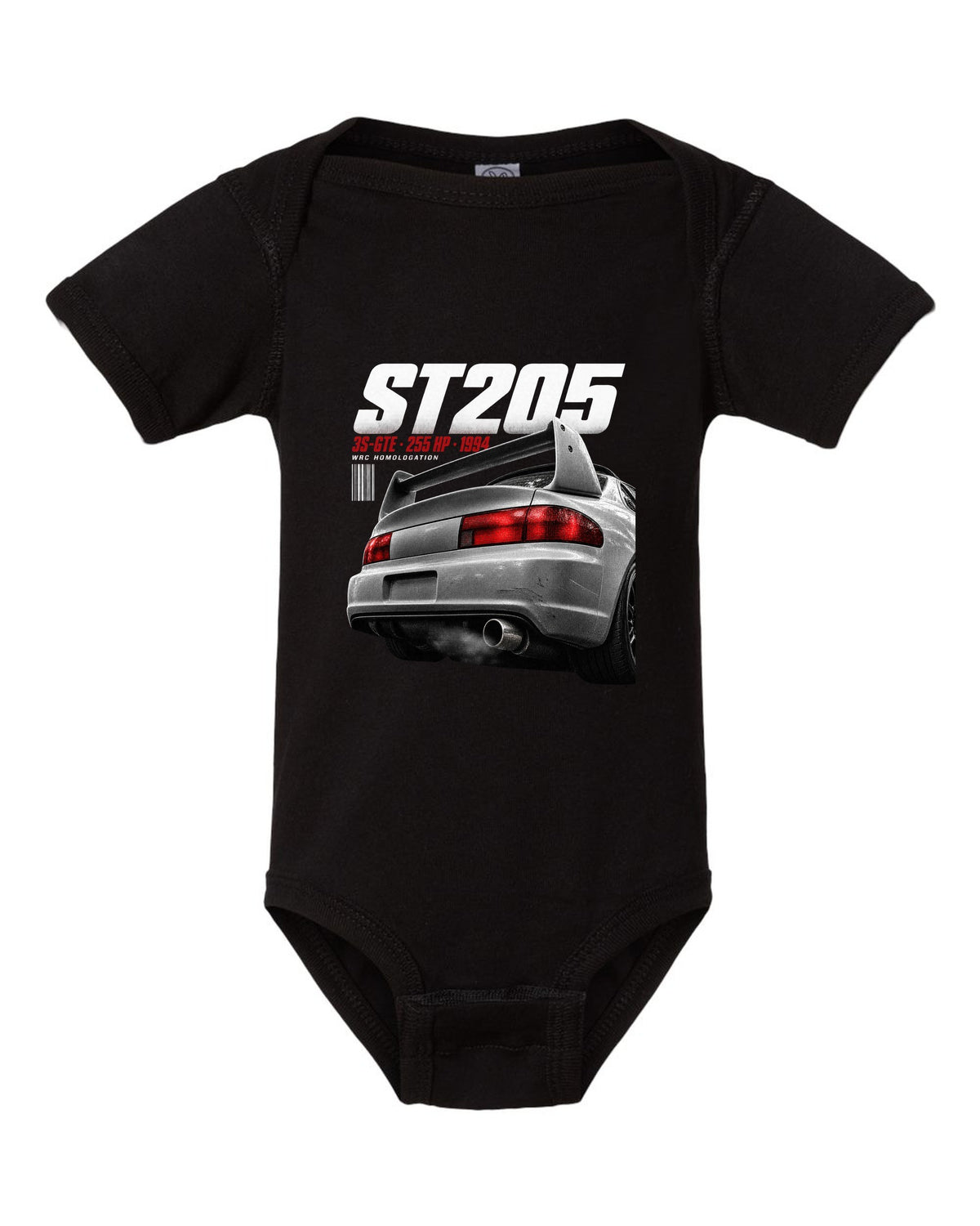 Macro detail of the Toyota Celica GT-Four ST205 rear wing with 3S-GTE text black baby onesie front view with the design