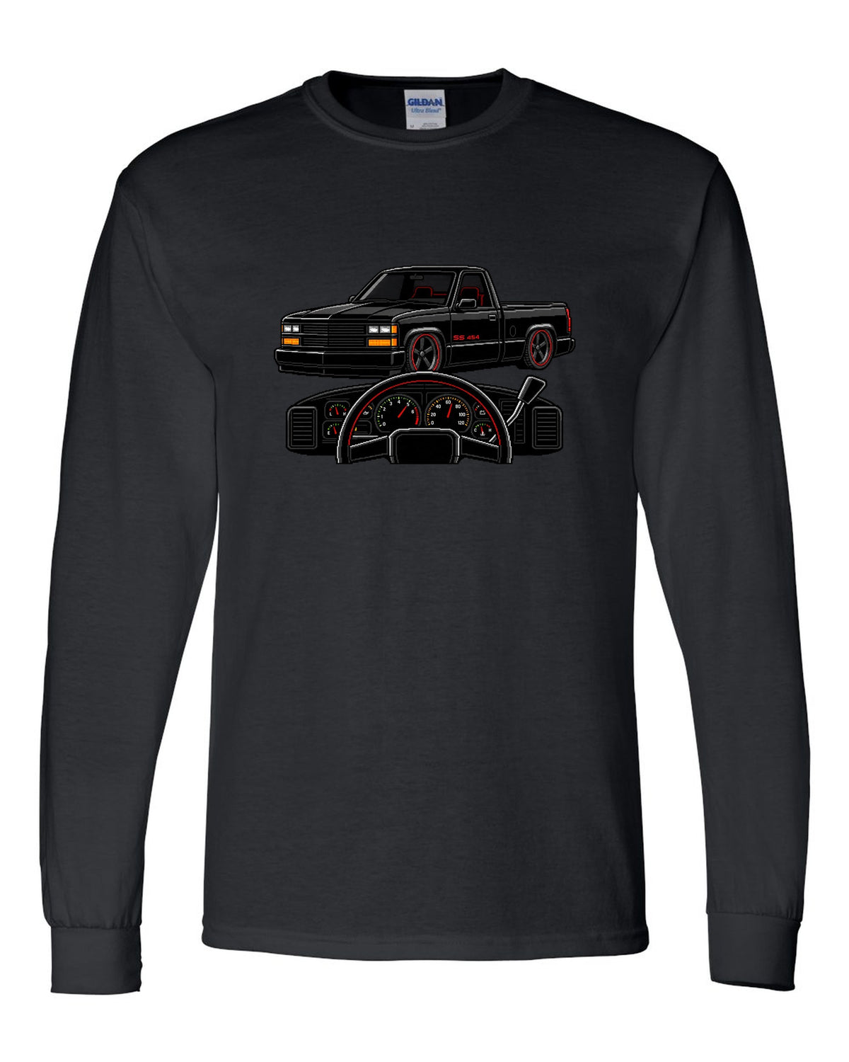 16-bit pixel art gauge print for a 1990-93 Chevrolet 454 SS pickup with SS 454 text black long sleeve front view with the design