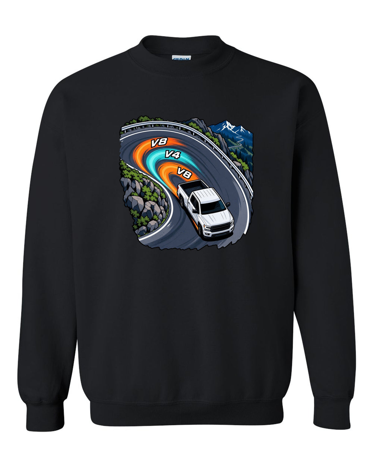 Cel-shaded anime night touge print of a 2007-2013 Chevrolet Silverado GMT900 with V8 V4 V8 text black crewneck front view with the design