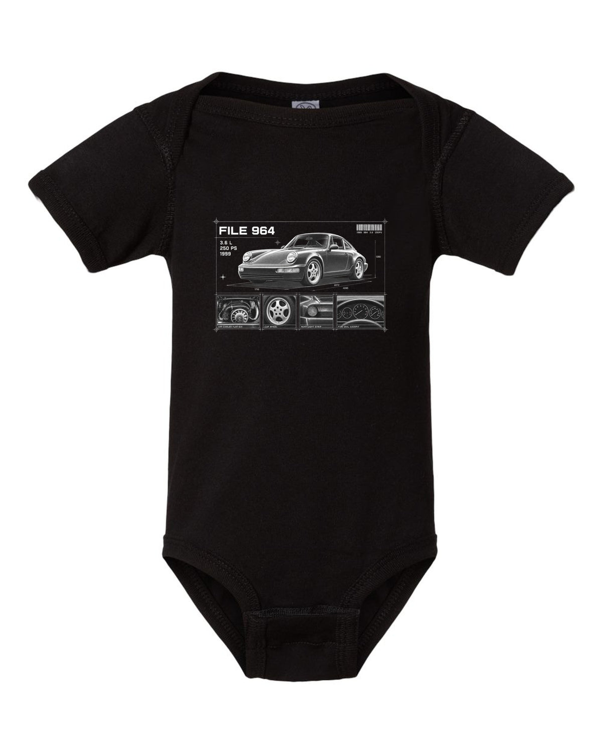 Dossier panel print of a Porsche 911 964 Carrera 2 with File 964 3.6 L 250 PS lettering black baby onesie front view with the design