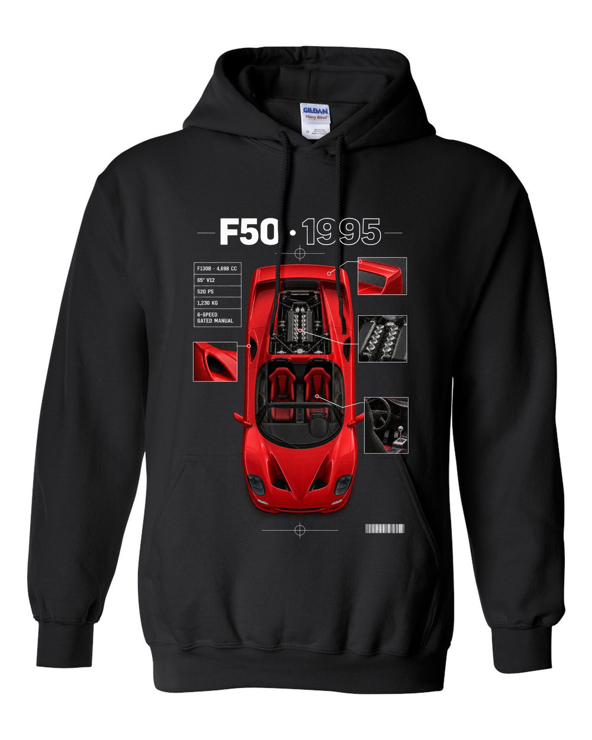 Ferrari F50 1995 top-down plan spec poster print, F130B 4,698 cc V12, 520 PS black pull over hoodie front view with the design