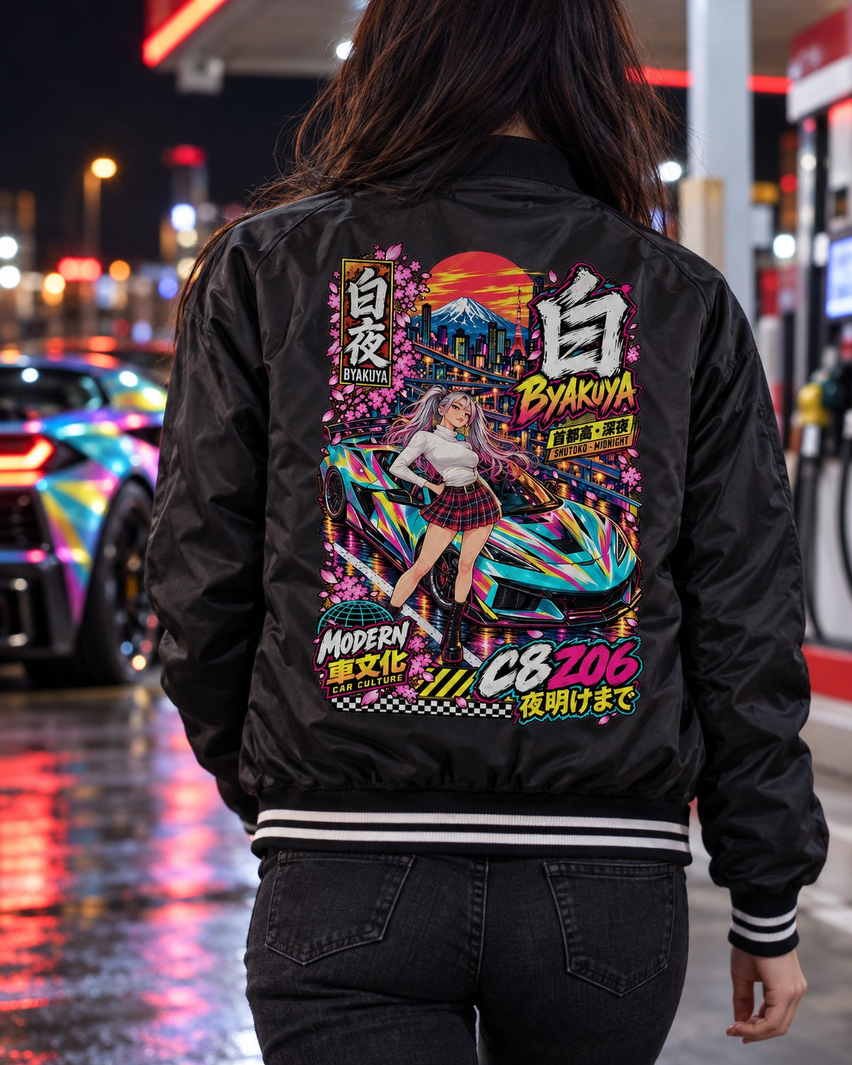 BYAKUYA C8 Z06 Anime Girl Full-Back Graphic Tee Bomber Jacket Black worn hero