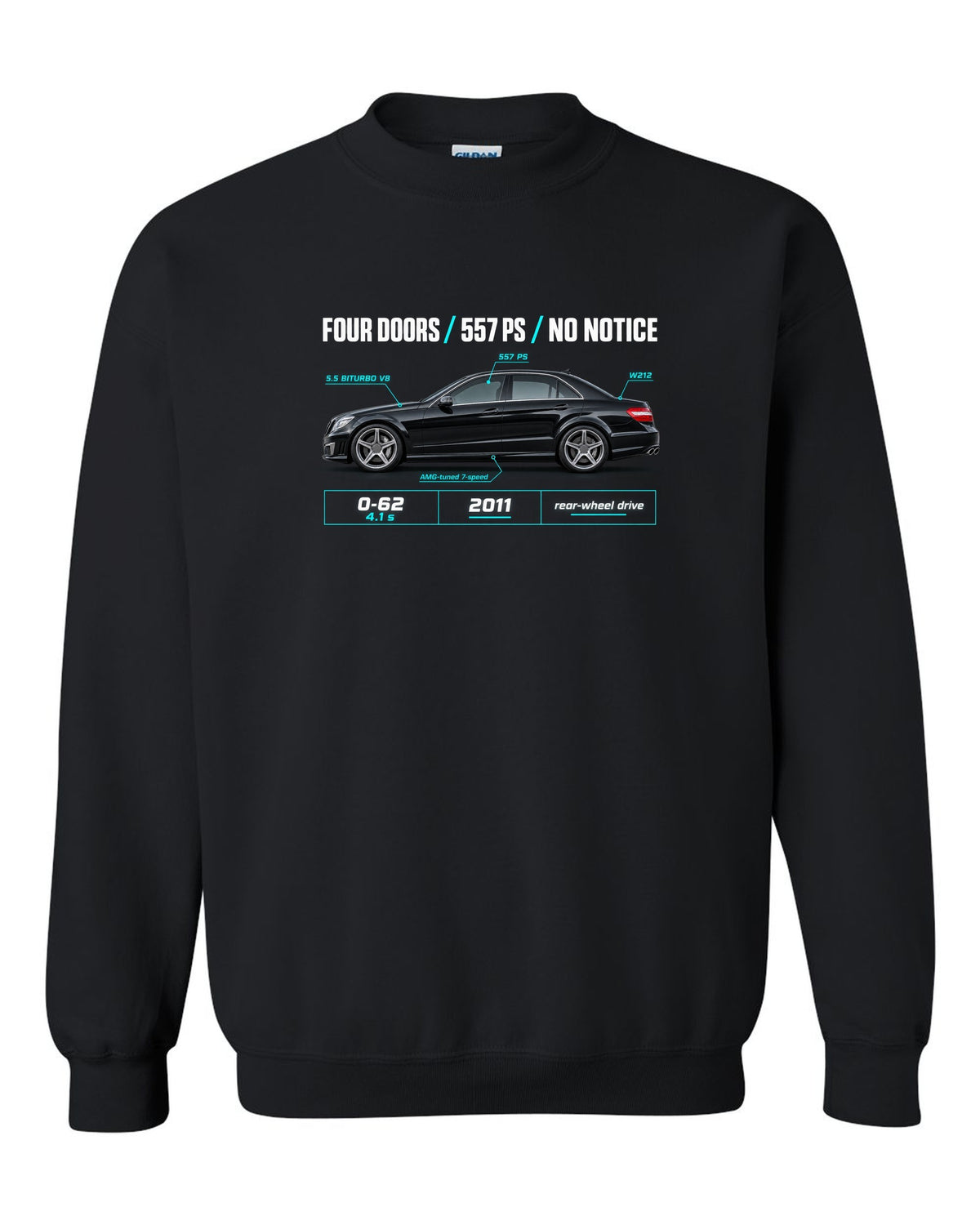 print spec poster of a 2011 Mercedes E63 AMG W212 sedan with text Four Doors 557 PS No Notice black crewneck front view with the design