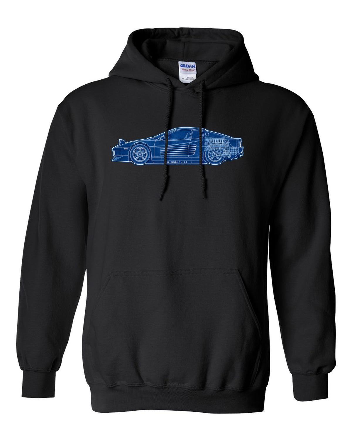 Cyanotype blueprint style print of the Ferrari Testarossa F110 with the text 48 valves, 4.9 L black pull over hoodie front view with the design