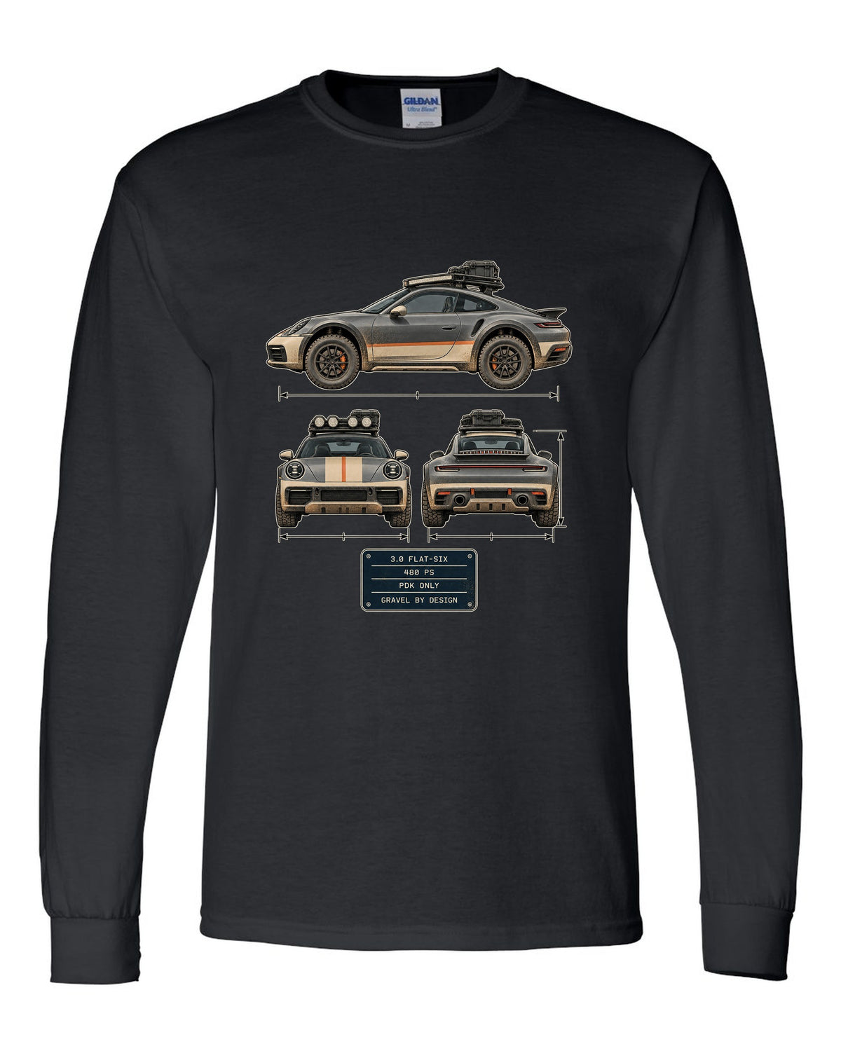 Three-view and spec table print of a Porsche 911 Dakar 992 black long sleeve front view with the design