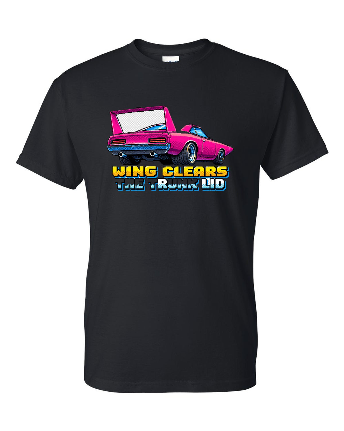 1970 Plymouth Superbird 16-bit pixel art print with Wing Clears The Trunk Lid text black t-shirt front view with the design