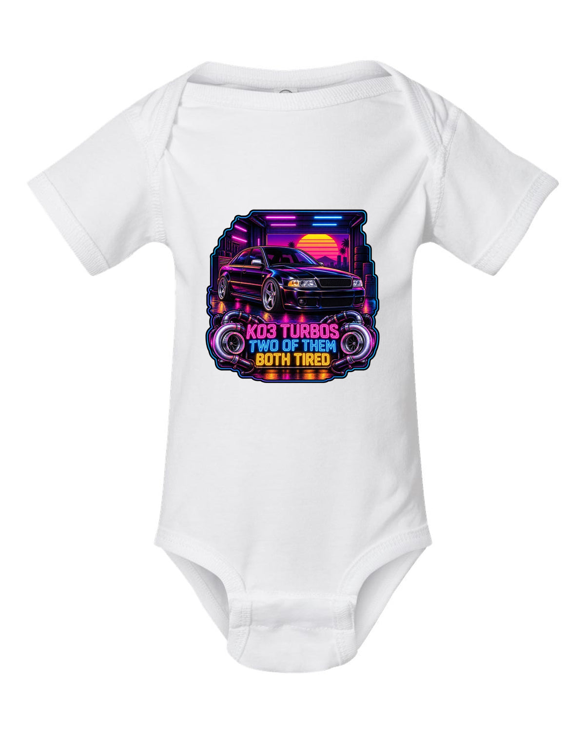 Synthwave print of an Audi S4 B5 sedan with K03 turbos text white baby onesie front view with the design