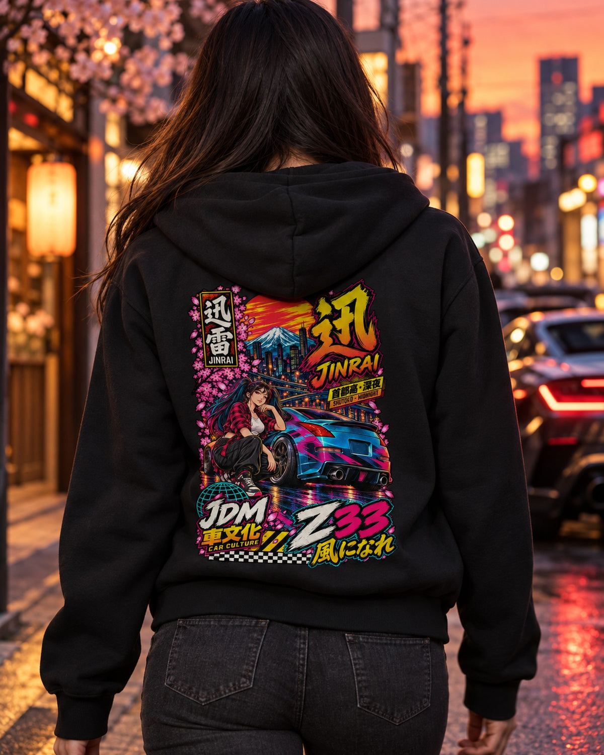 JINRAI Z33 Anime Girl Full-Back Graphic Tee Zip Hoodie Black worn hero