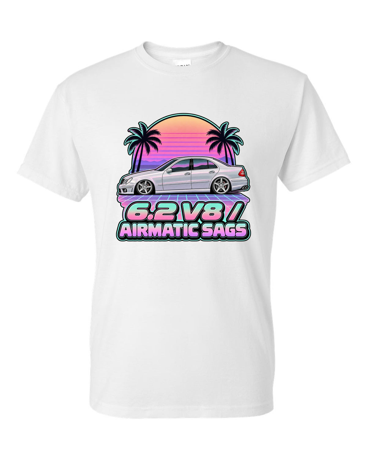 Vaporwave pastel print of a Mercedes E63 AMG W211 with Airmatic text white t-shirt front view with the design