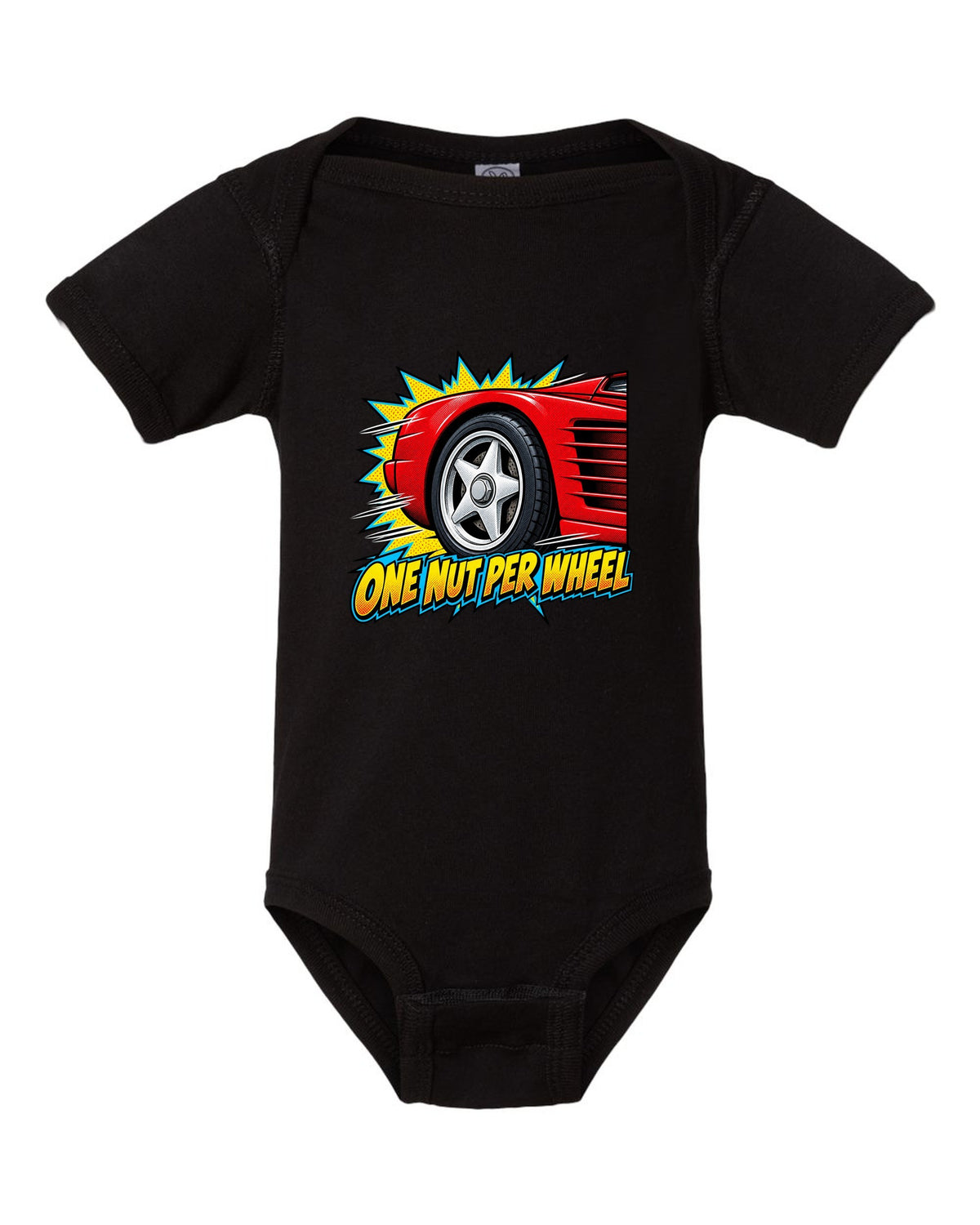 Comic halftone pop art of a Ferrari Testarossa five-star wheel black baby onesie front view with the design