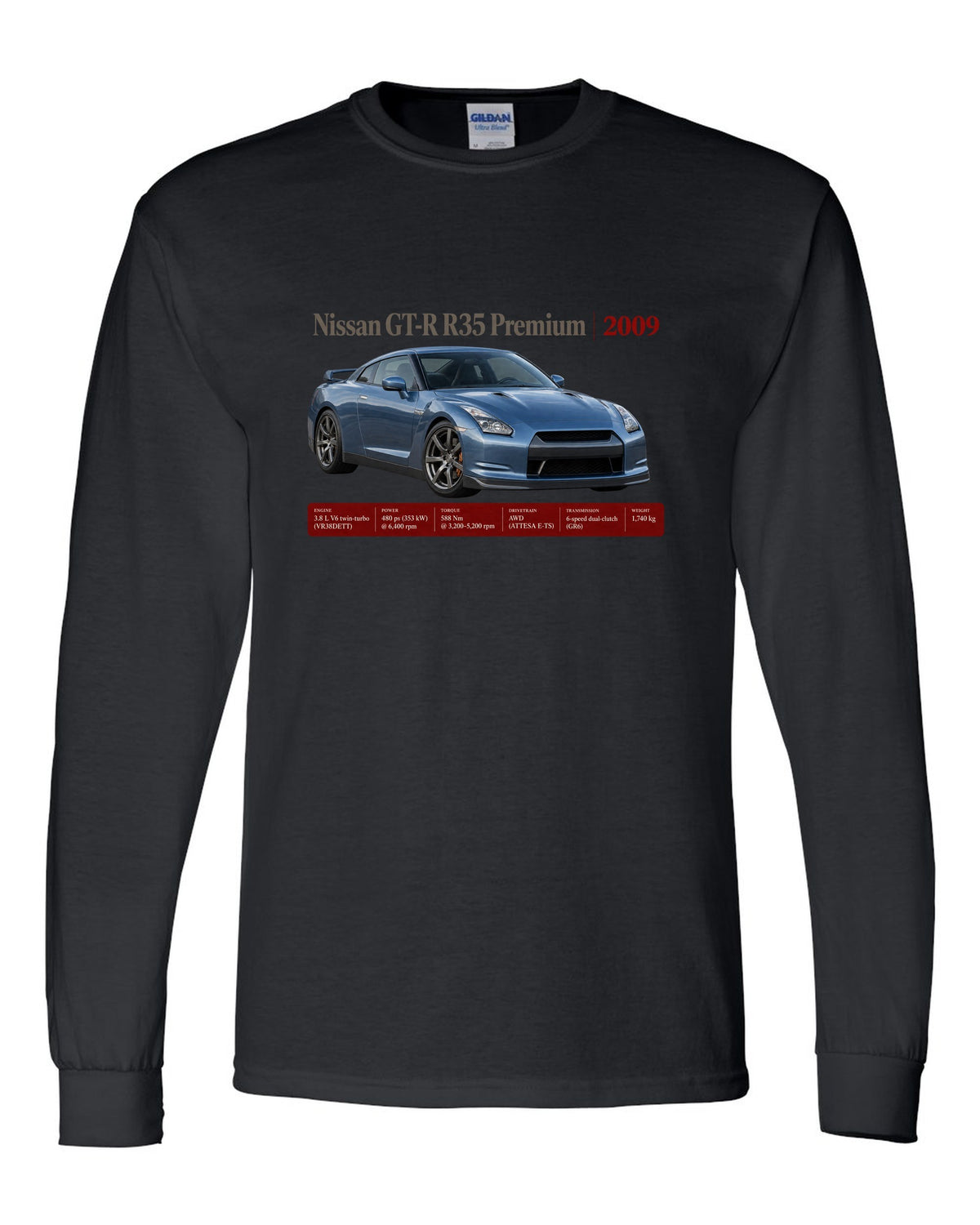 Nissan GT-R R35 2009 Premium archive panel poster black long sleeve front view with the design