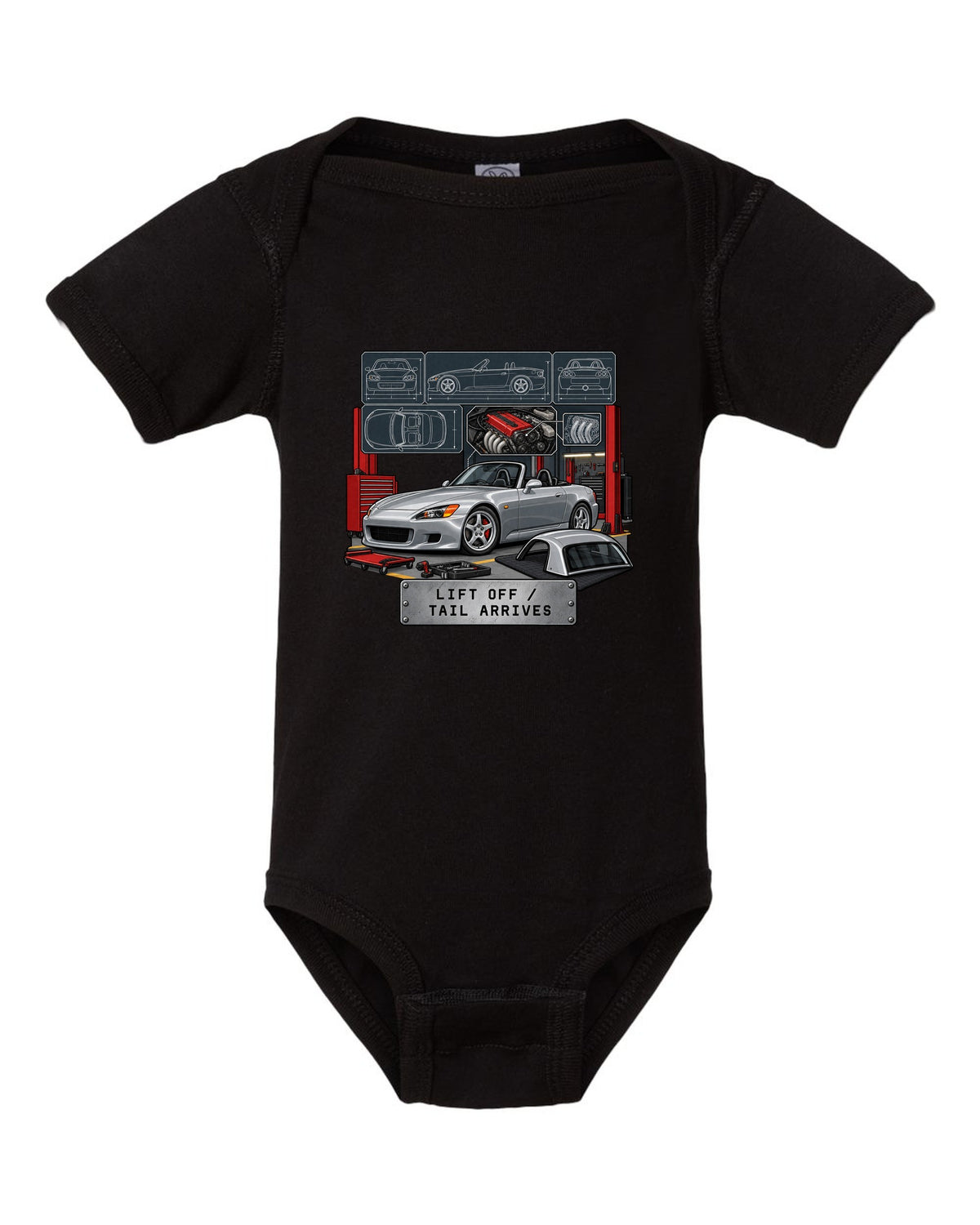 Spec sheet data plate print of a 1999 Honda S2000 AP1 roadster with lift off tail arrives text black baby onesie front view with the design