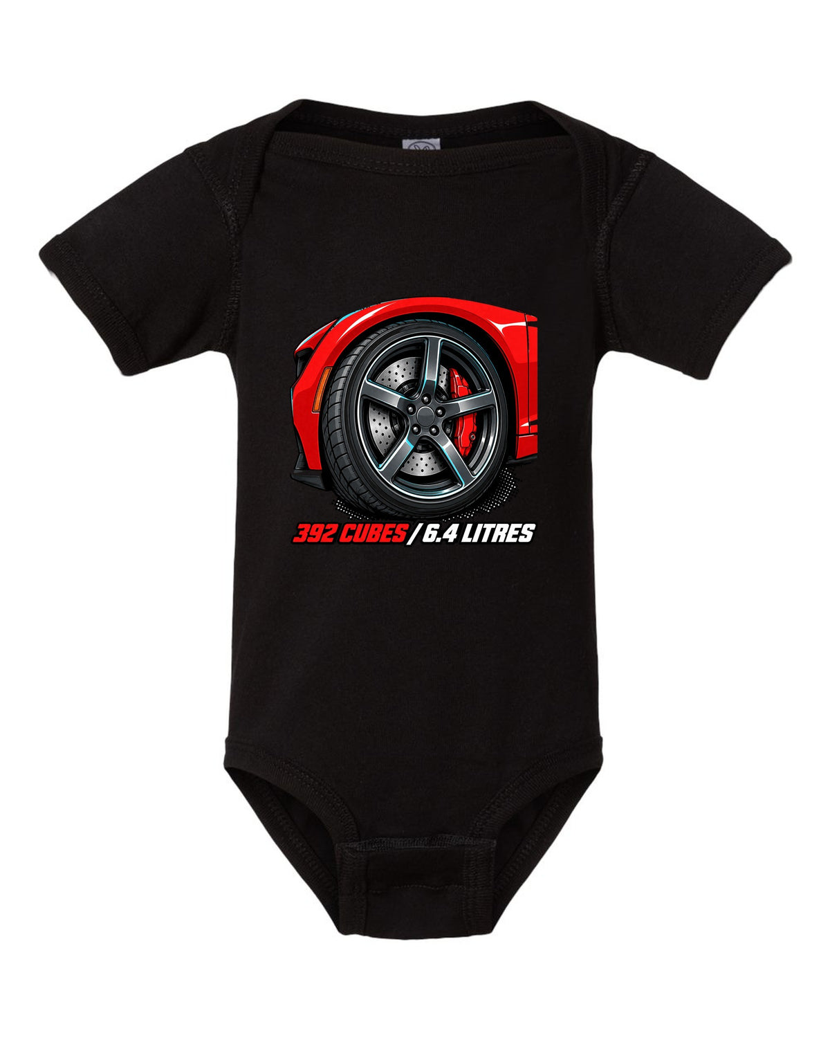 Bold monoline print with halftone shadow of a 2018 Dodge Challenger SRT 392 black baby onesie front view with the design