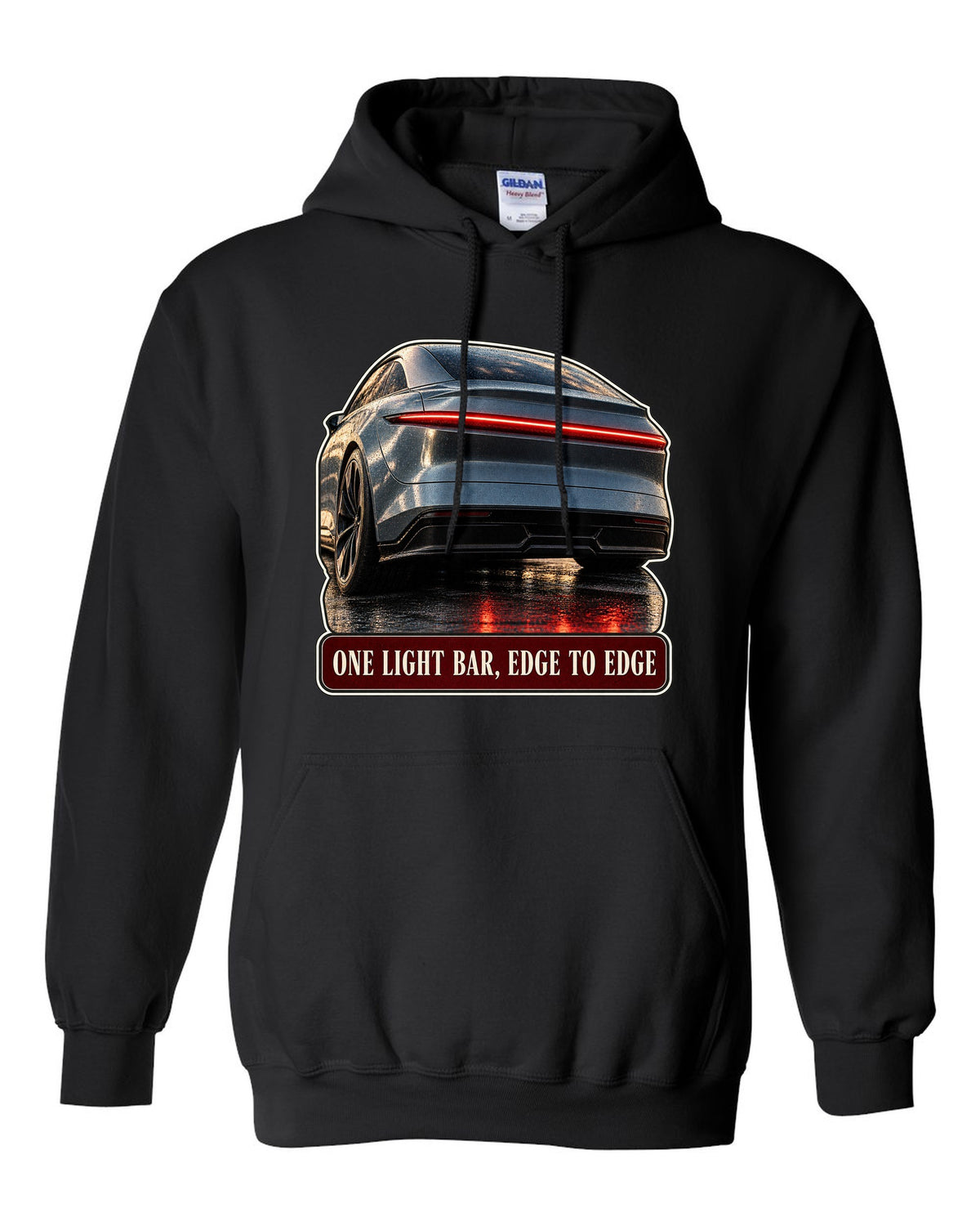 Taillight macro print of a Lucid Air Sapphire with a single light bar black pull over hoodie front view with the design