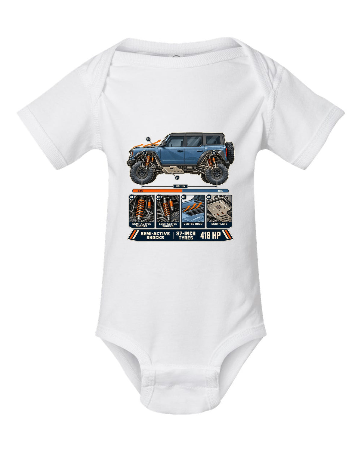 Ford Bronco Raptor suspension cutaway with callouts print white baby onesie front view with the design