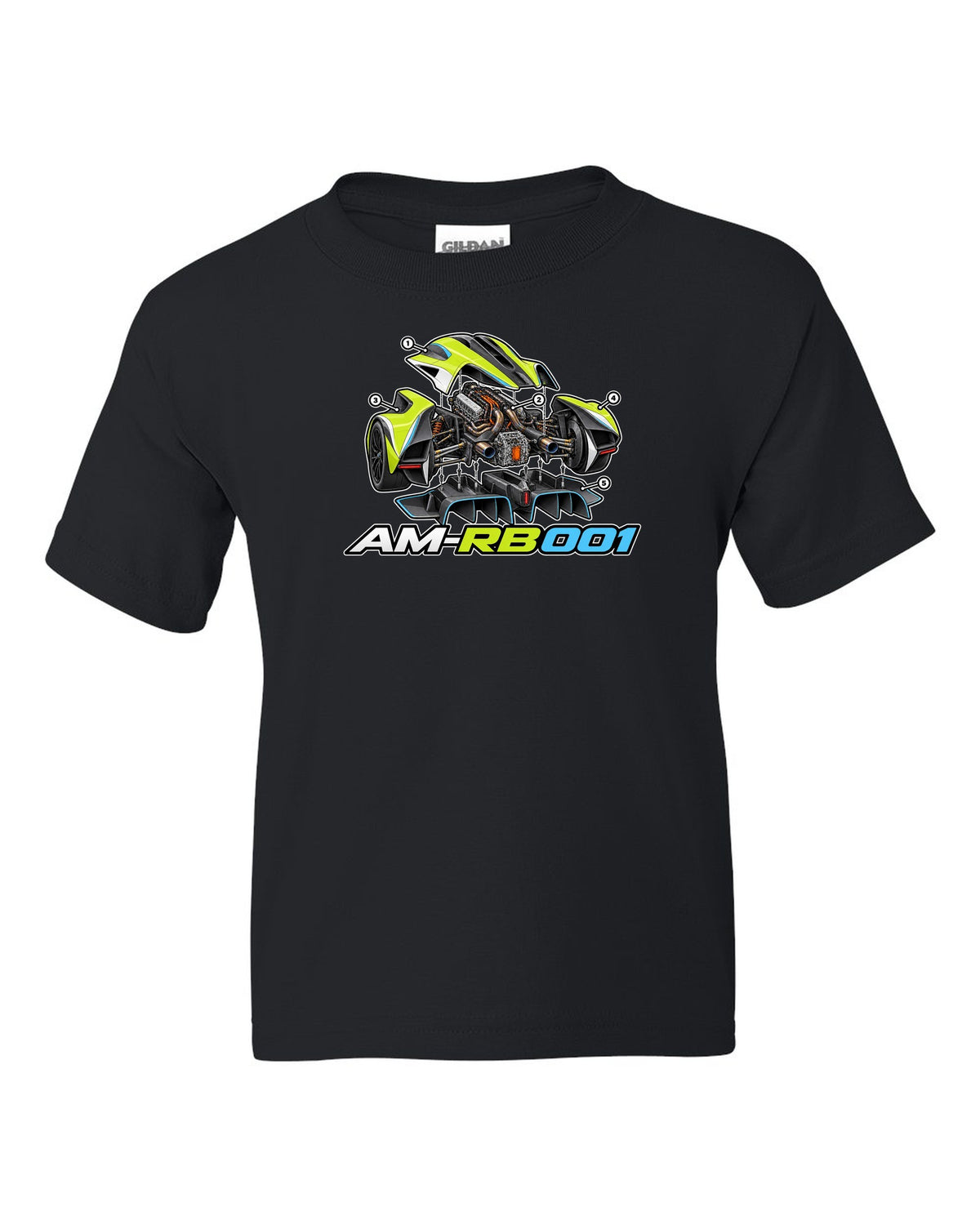 Aston Martin Valkyrie exploded isometric cutaway labelled AM-RB 001 black kids tee front view with the design