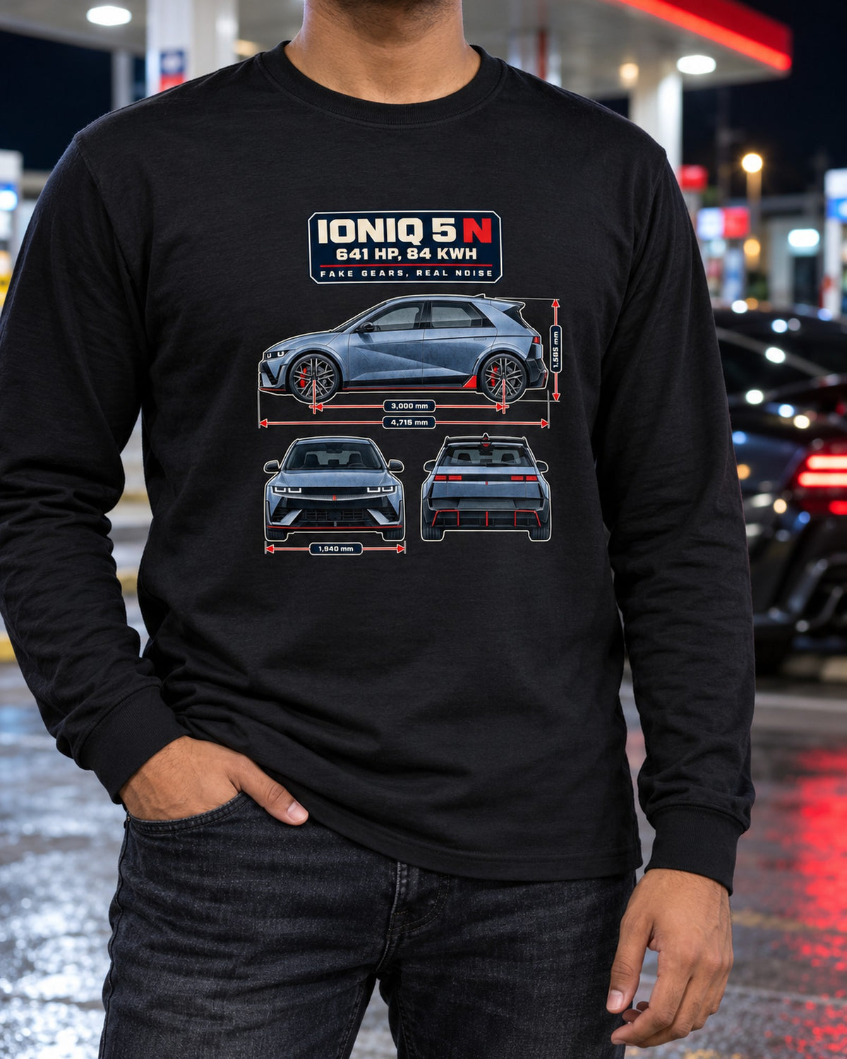Hyundai Ioniq 5 N 2024 Blueprint Shirt, 641 HP EV Gift Long Sleeve Black worn hero