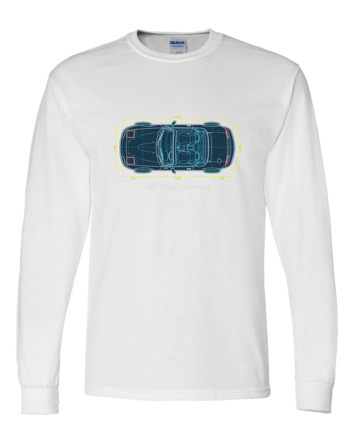 Technical blueprint line art of the Mazda MX-5 NA6C with 1.6L and 2,000 lbs text white long sleeve front view with the design