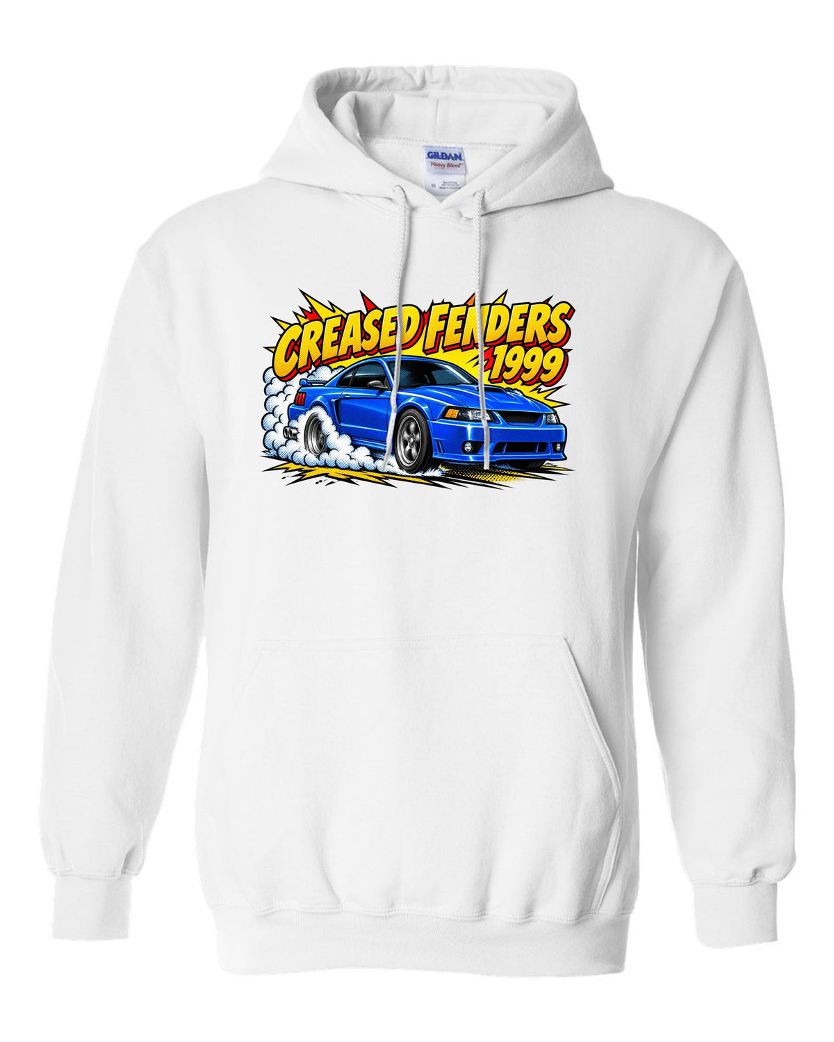 Comic halftone pop art 1999-2004 New Edge Ford Mustang coupe with burnout smoke white pull over hoodie front view with the design