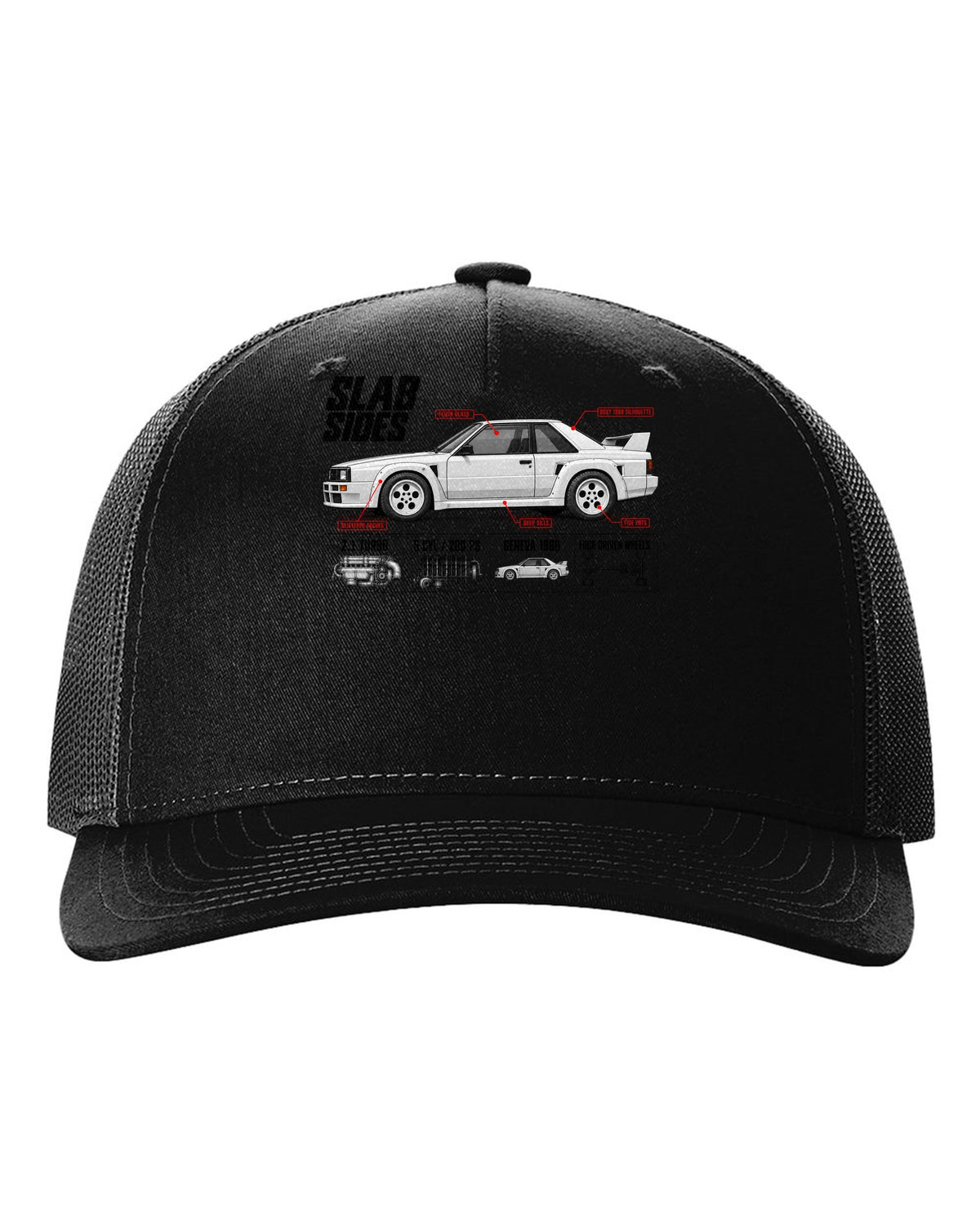 Audi Ur-Quattro Type 85 Slab Sides Spec Poster black hat front view with the design