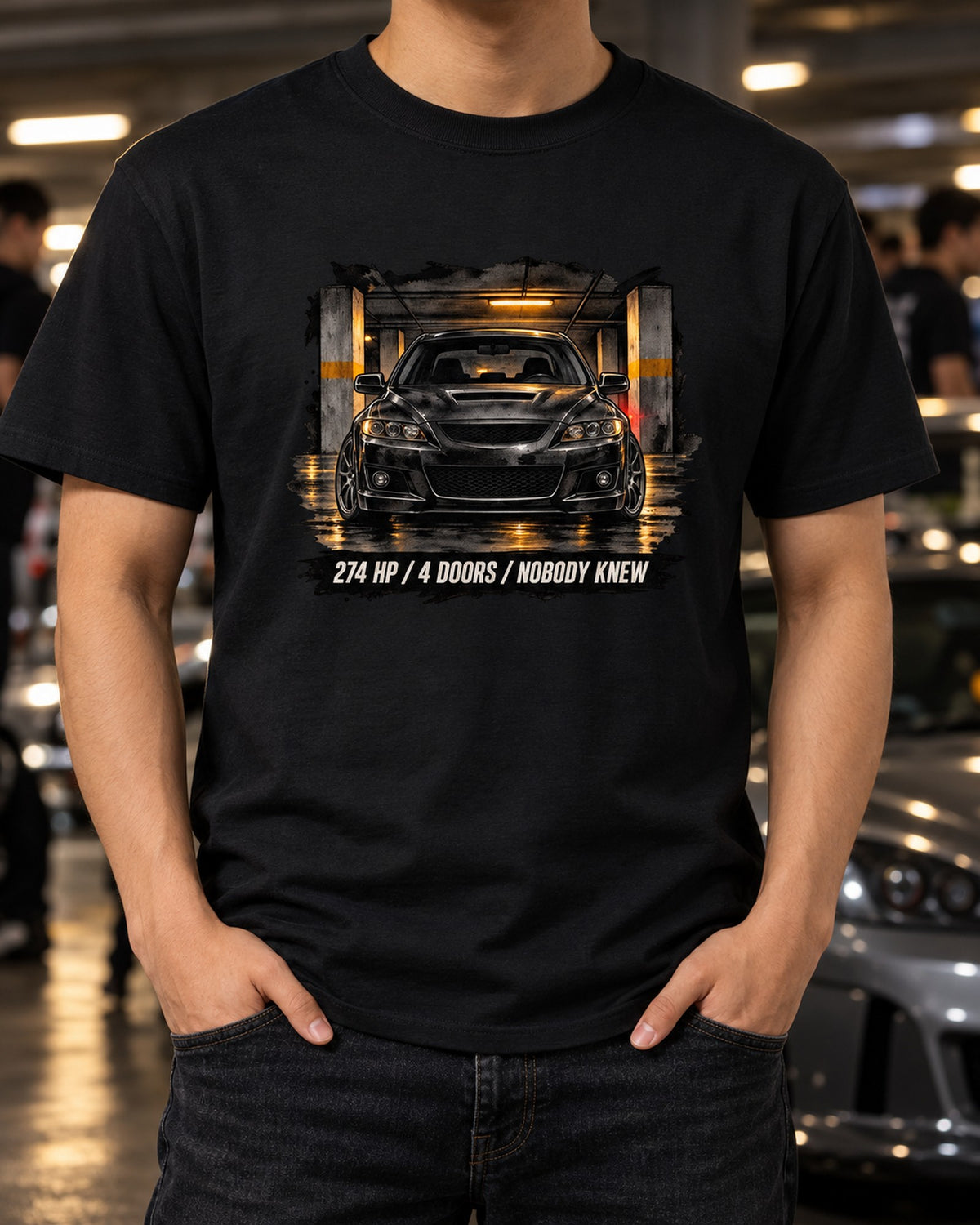 Mazdaspeed6 GG Sleeper Noir Ink Wash Shirt, 274 HP Sedan T-Shirt Black worn hero