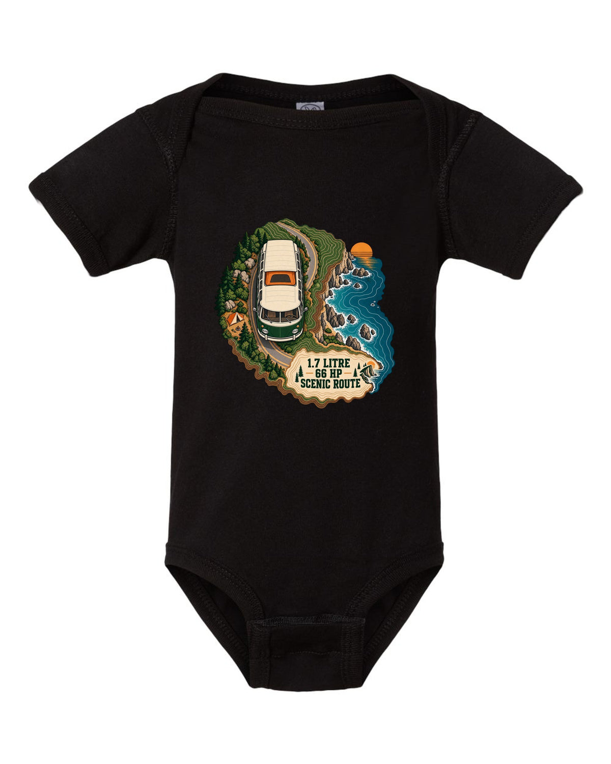 Topographic route map print of a 1972 VW Bus T2 bay window with scenic route lettering black baby onesie front view with the design