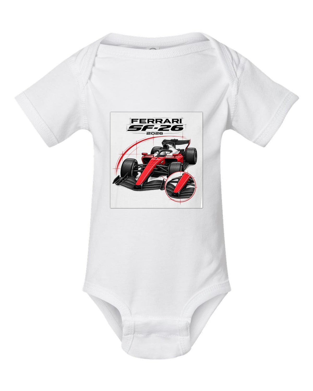 Ferrari SF-26 2026 F1 car technical poster artwork white baby onesie front view with the design