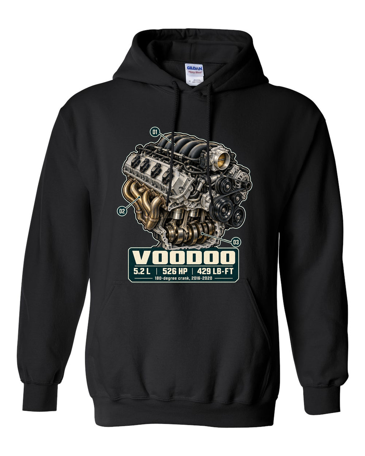 Ford Mustang S550 Shelby GT350 Voodoo 5.2 L engine hero print black pull over hoodie front view with the design