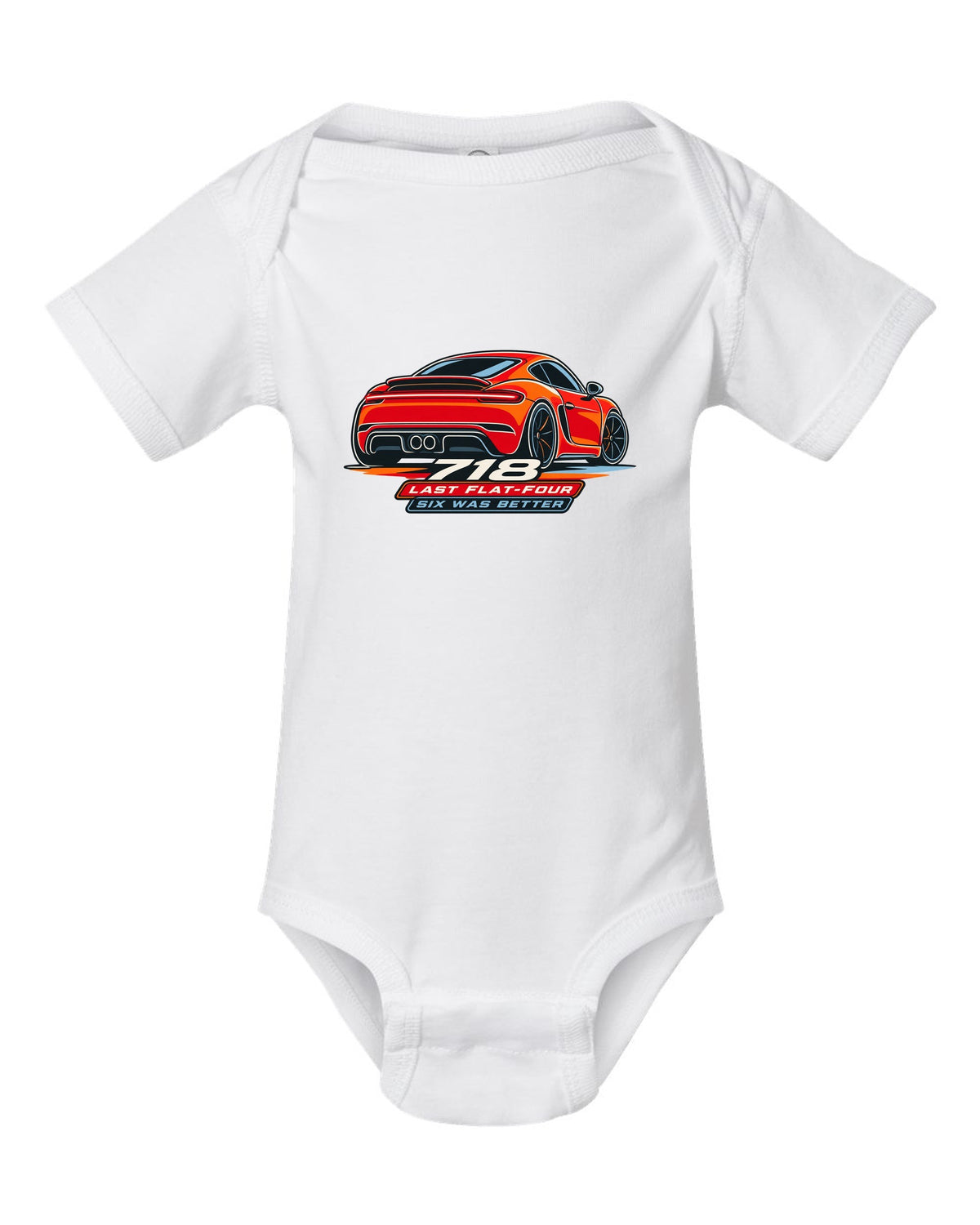 Minimalist continuous line art print of a Porsche 718 Cayman 982 taillight with the text 718, last flat-four, six was better white baby onesie front view with the design