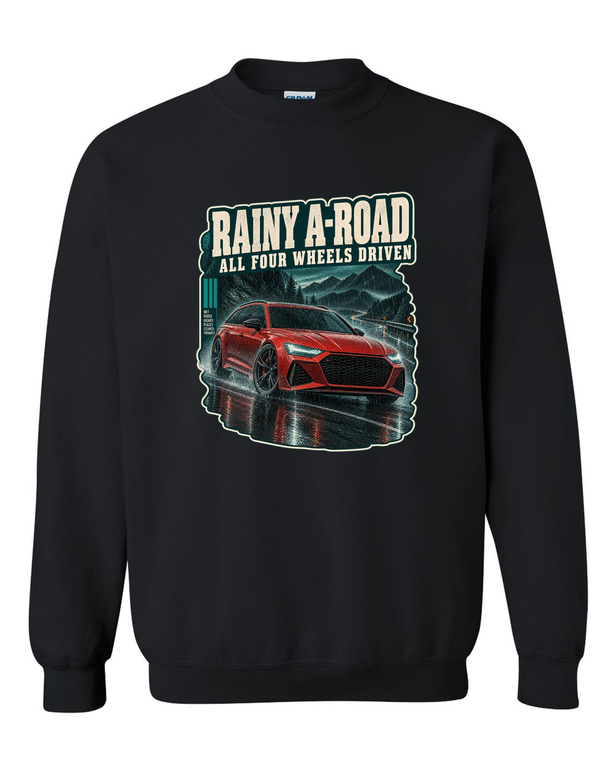 Rainy night road scene with an Audi RS6 Avant C8, all-wheel-drive caption black crewneck front view with the design