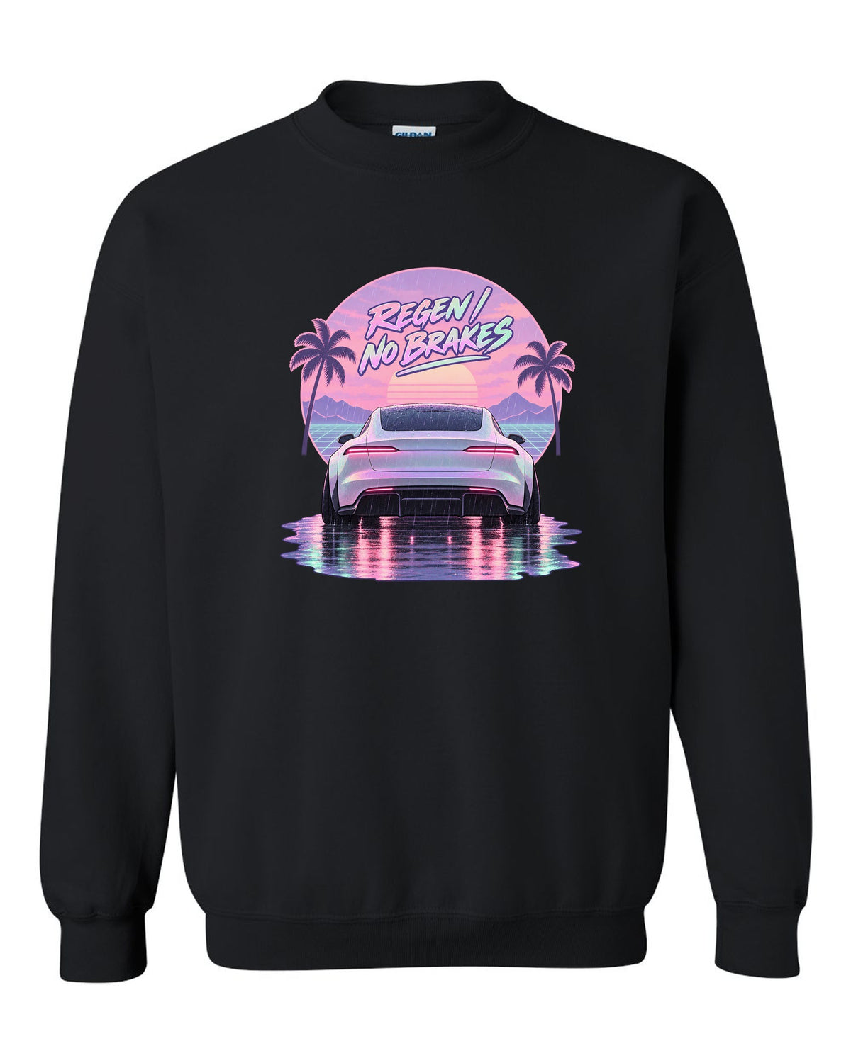 Vaporwave pastel scene of a 2021 Tesla Model S Plaid taillights in rain with the words Regen No Brakes black crewneck front view with the design
