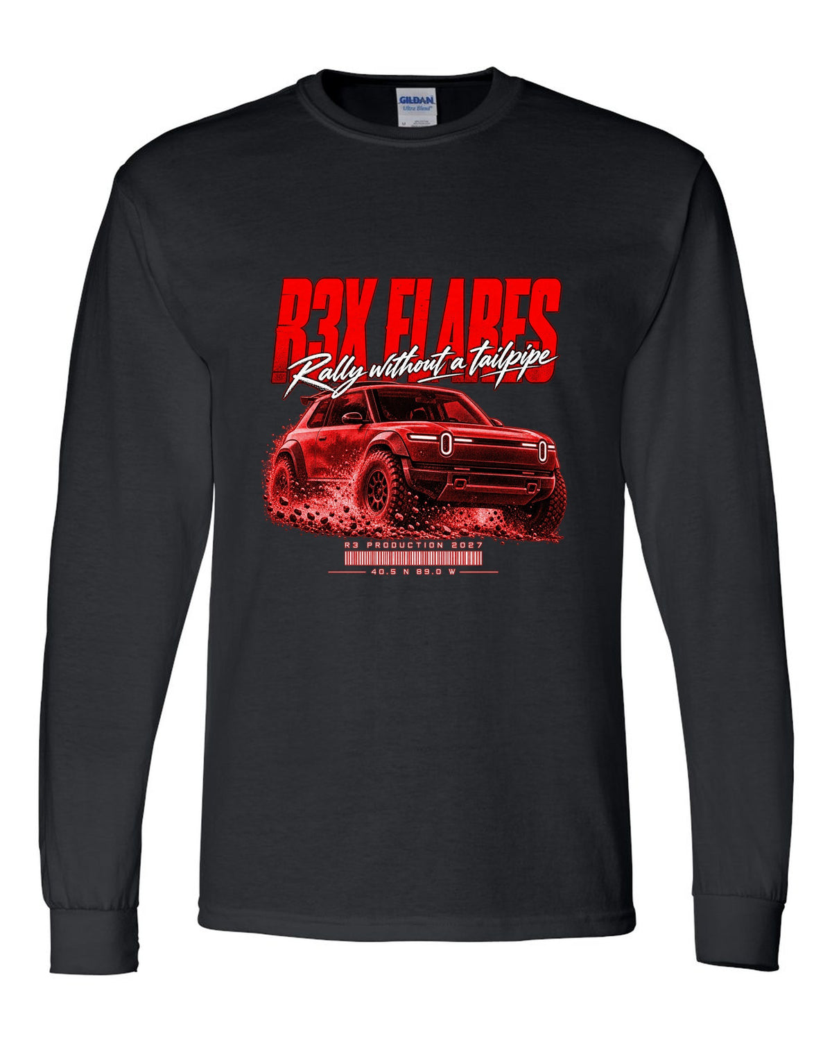 Rally street poster print of a 2027 Rivian R3X with flared arches black long sleeve front view with the design