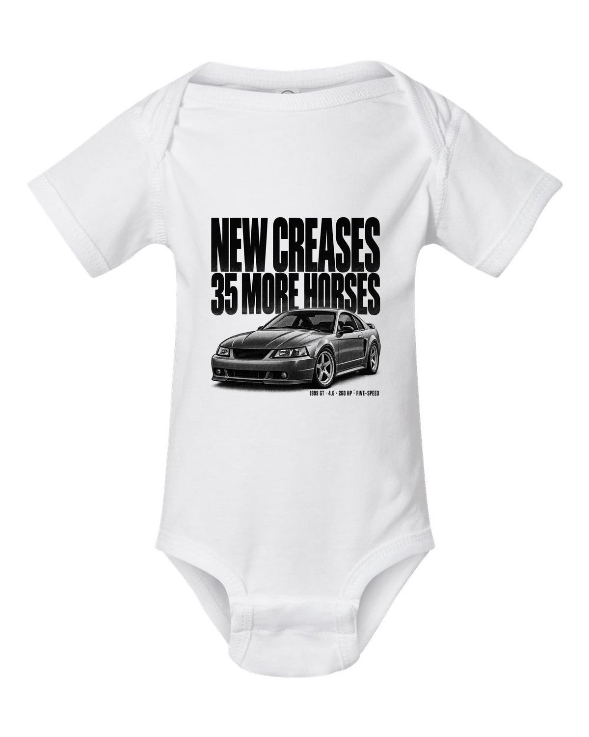 Halftone print of a 1999 Ford Mustang New Edge GT coupe white baby onesie front view with the design