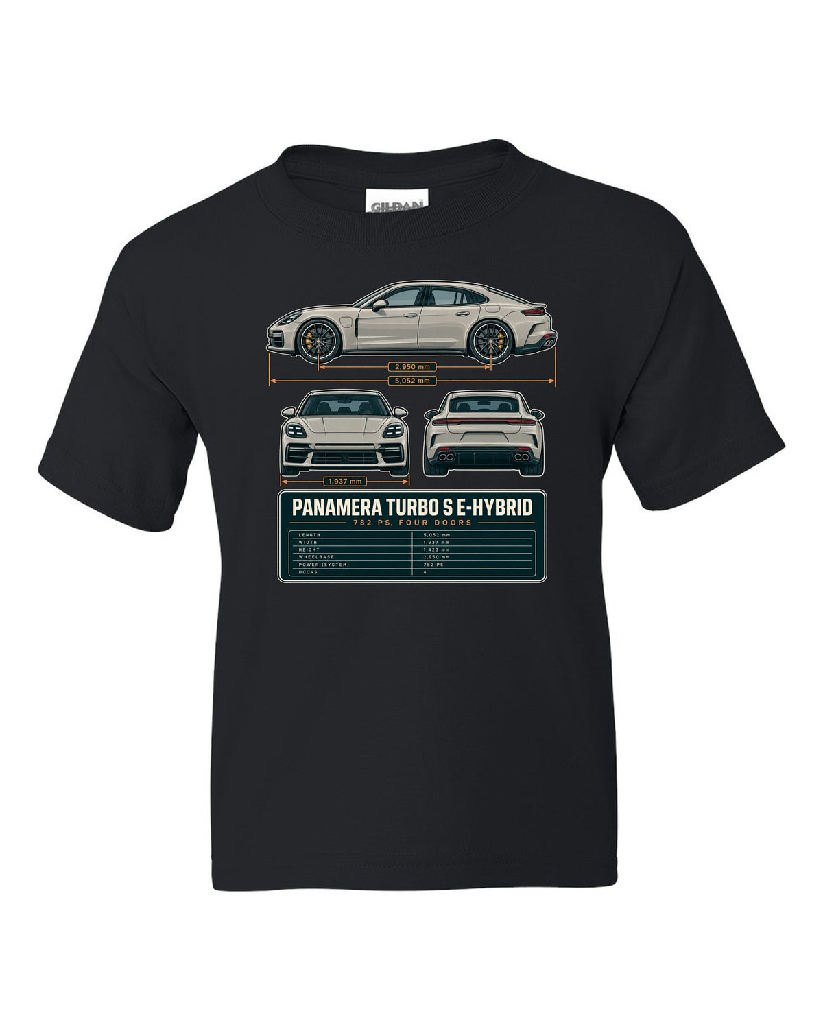 Three-view print of a Porsche Panamera Turbo S E-Hybrid G3 with 782 PS spec table black kids tee front view with the design