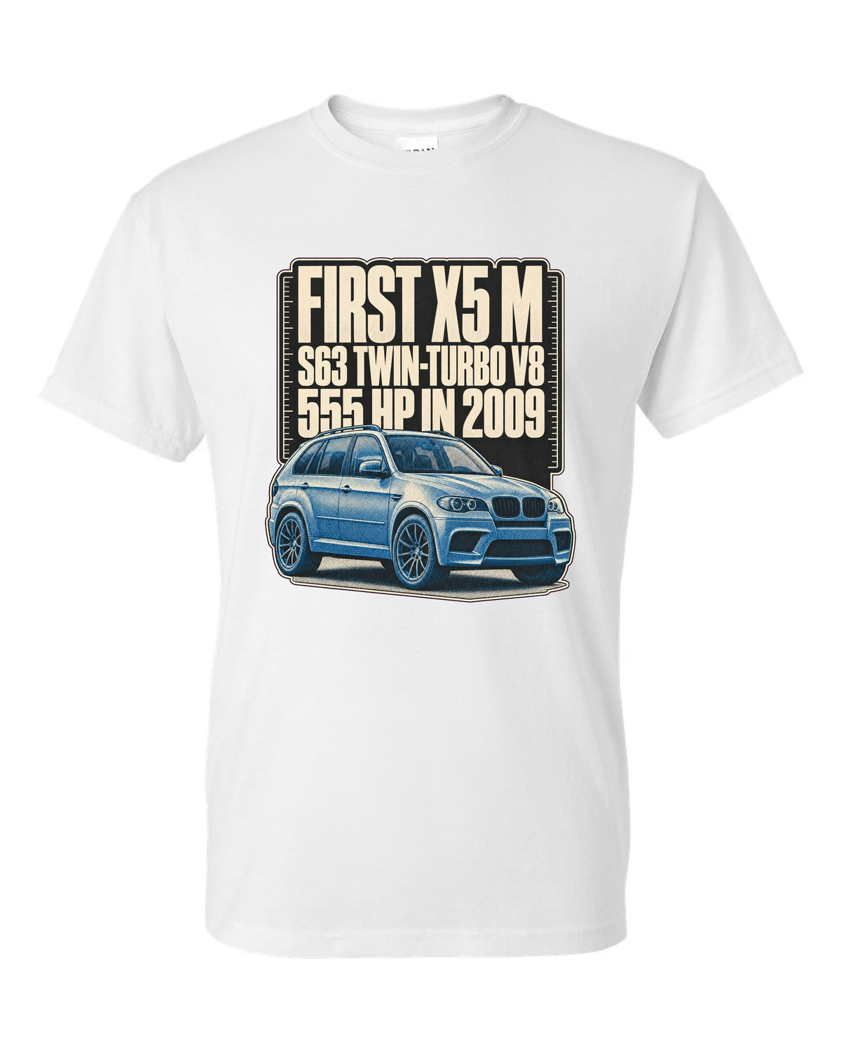 BMW X5 M E70 halftone print on a tee white t-shirt front view with the design