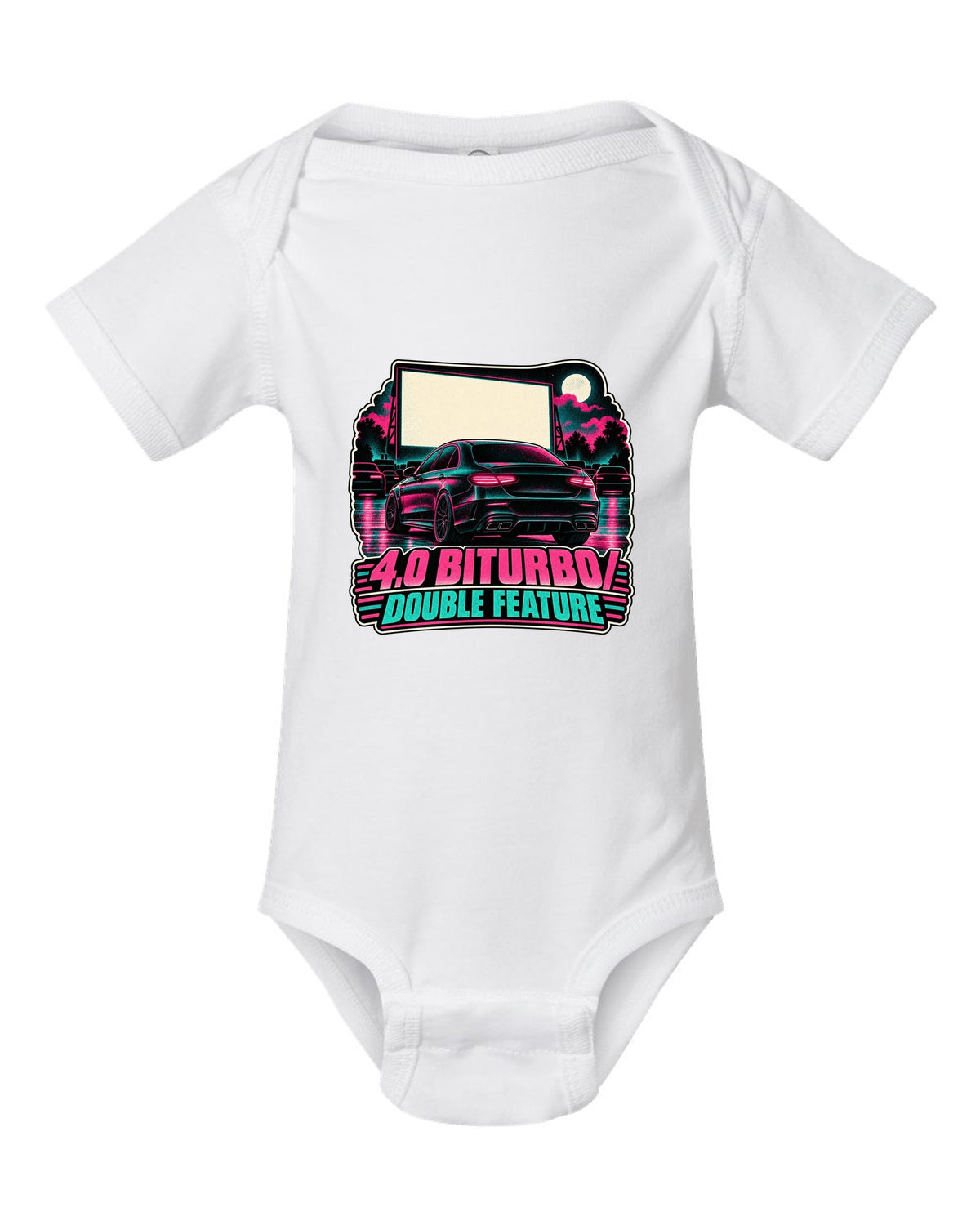 Risograph halftone drive-in poster graphic for a Mercedes E63 W213 4.0 biturbo, print white baby onesie front view with the design