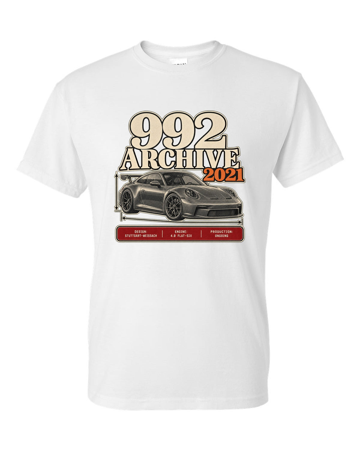 Porsche 992 GT3 archive panel print design white t-shirt front view with the design