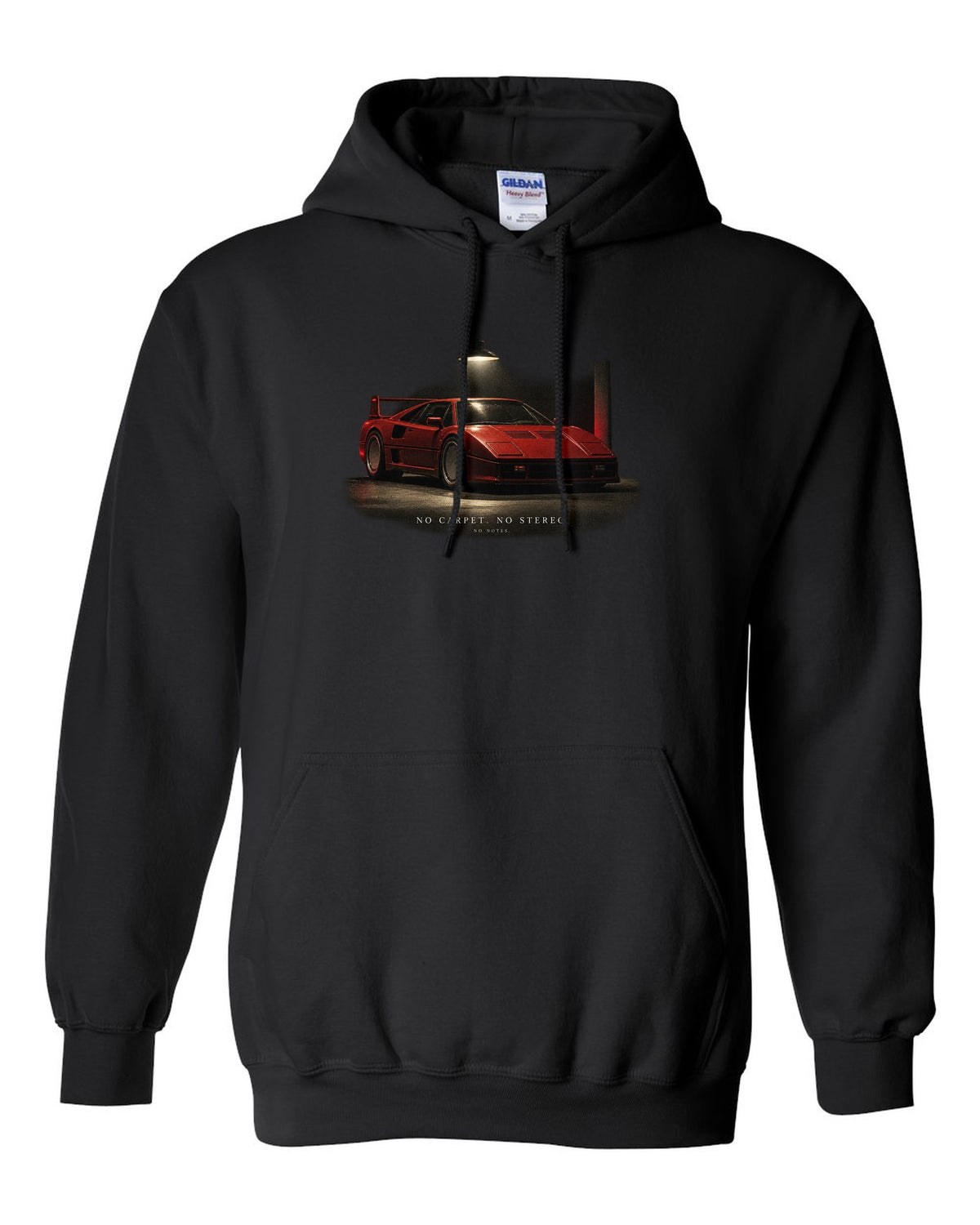 Ferrari F40 1987 front three-quarter at night, print: no carpet, no stereo, no notes black pull over hoodie front view with the design