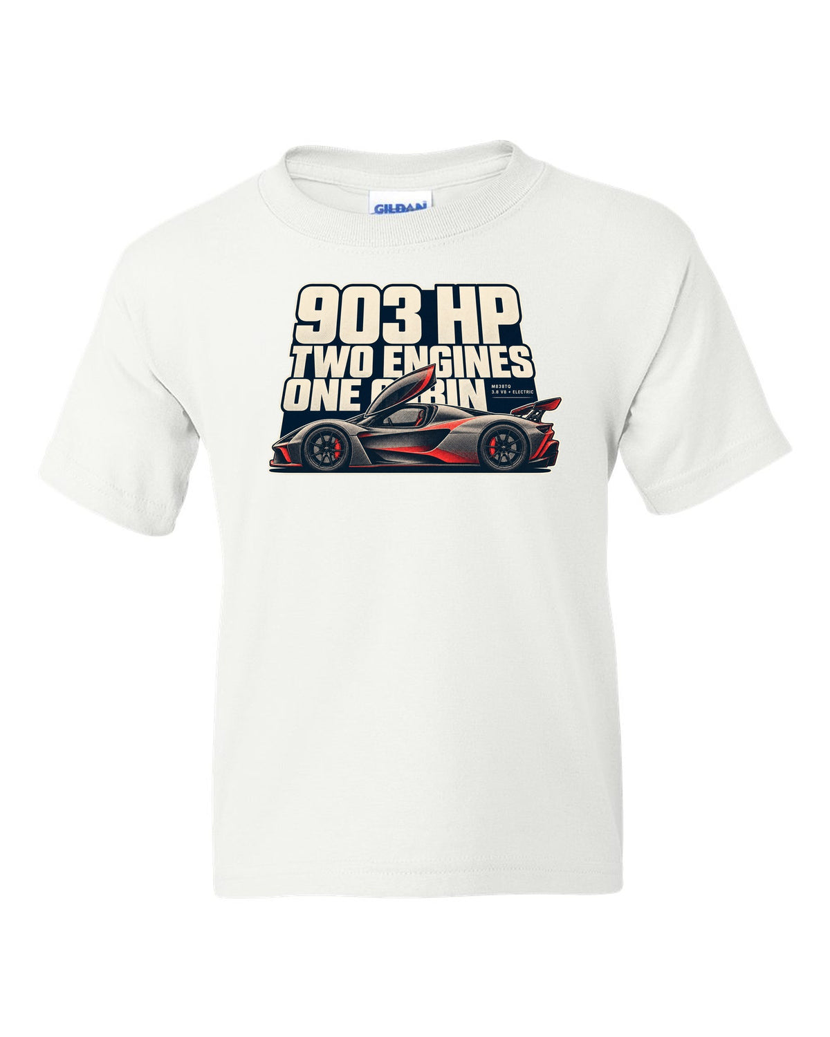 Halftone print of a McLaren P1 in warm grey and red, 903 HP two engines white kids tee front view with the design