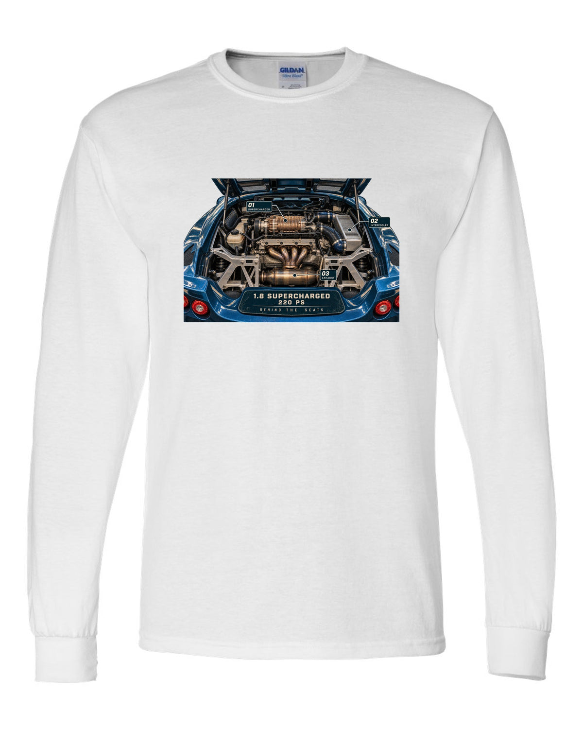 Lotus Exige S 2004 to 2011 supercharged four engine bay print with 1.8 supercharged 220 PS text white long sleeve front view with the design
