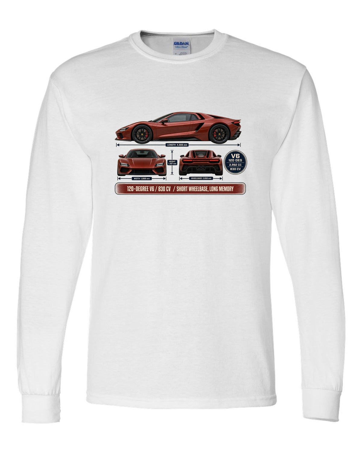 print three-view drawing with spec table of a Ferrari 296 GTB in brick red white long sleeve front view with the design