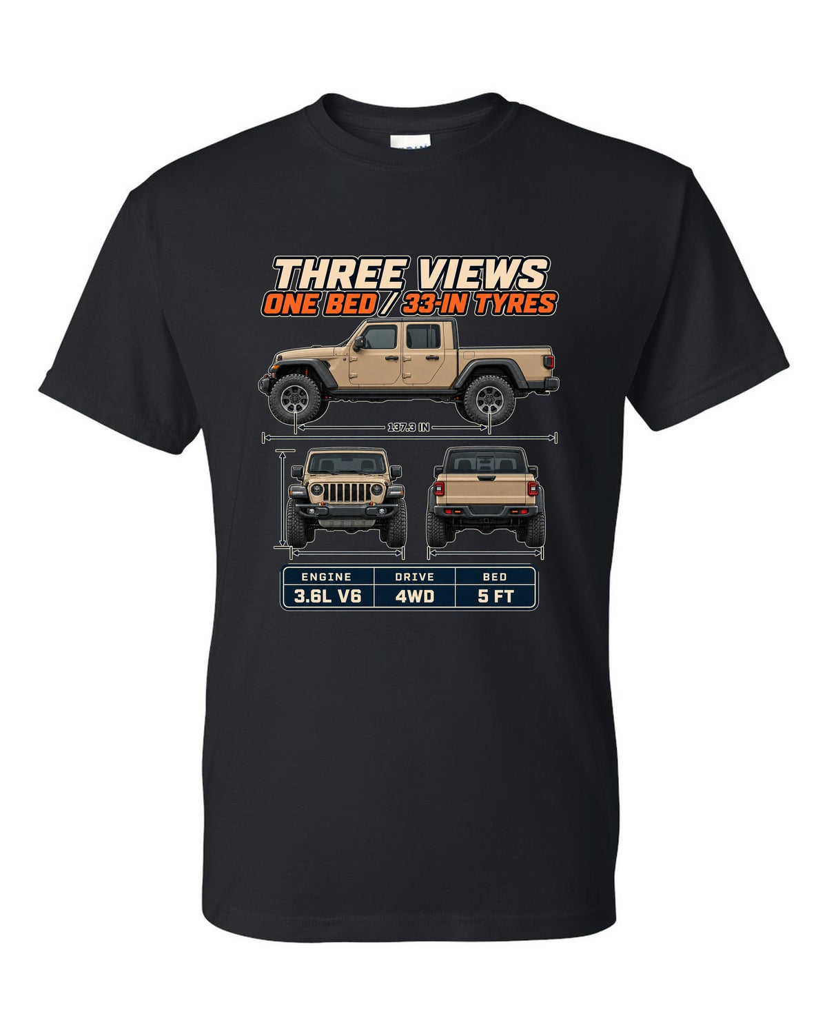 Three-view drawing with spec table print of the Jeep Gladiator Mojave black t-shirt front view with the design