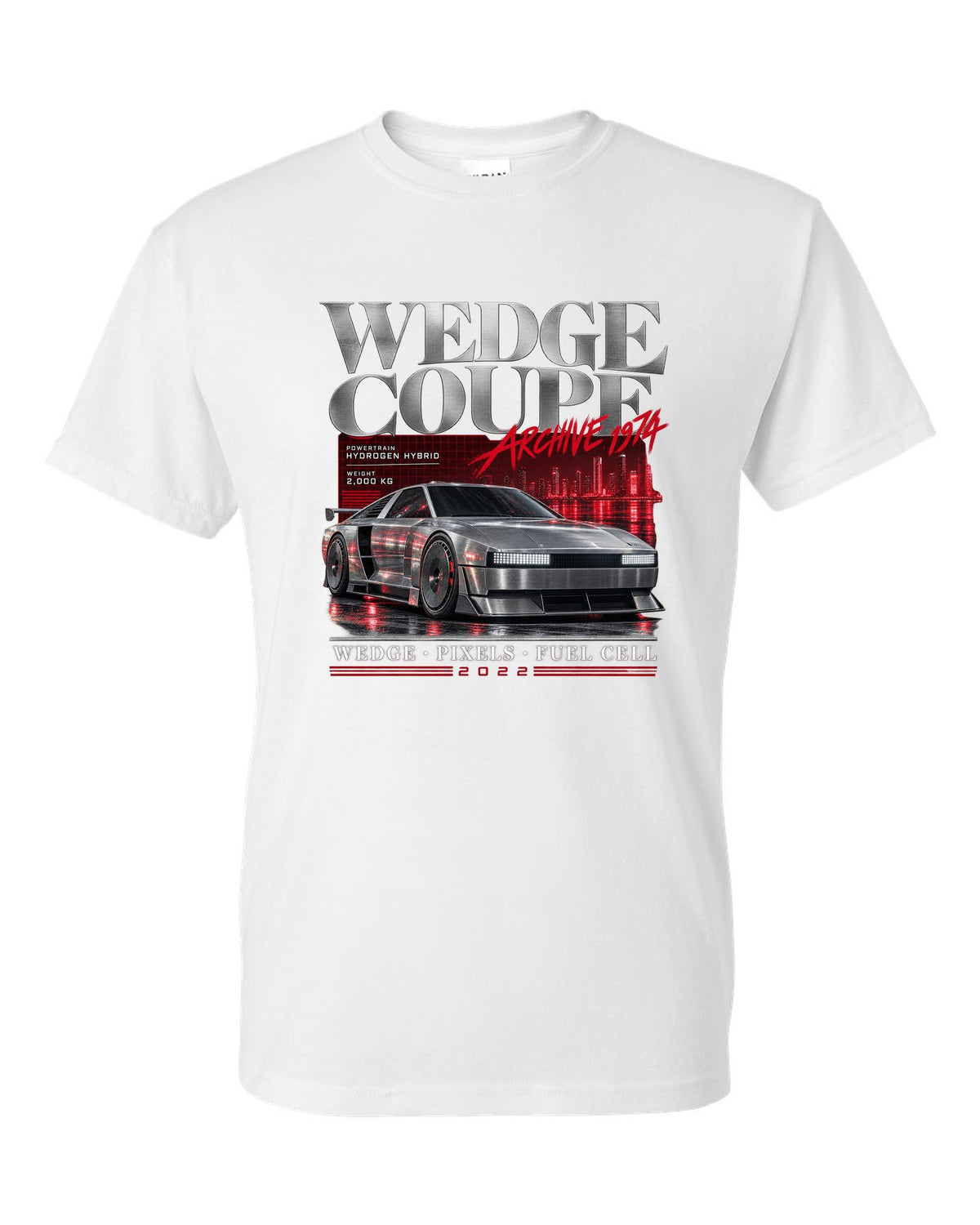 Hyundai N Vision 74 archive panel print with wedge coupe and hydrogen hybrid text white t-shirt front view with the design
